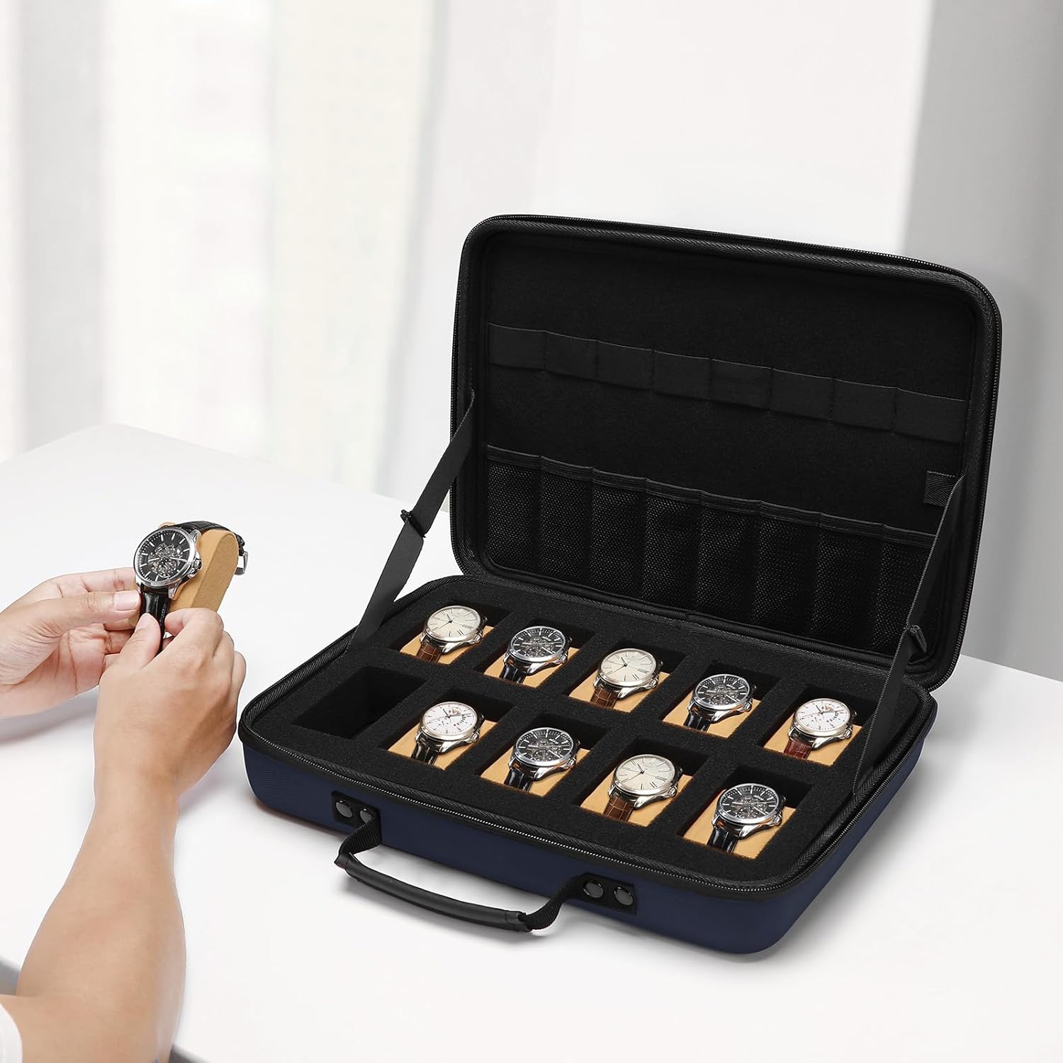 MOSISO Watch Box, 10 Slots Watch Display Organizer Storage Case for Men, Portable Box Organizer with Handle Fits up to 45mm, Navy Blue