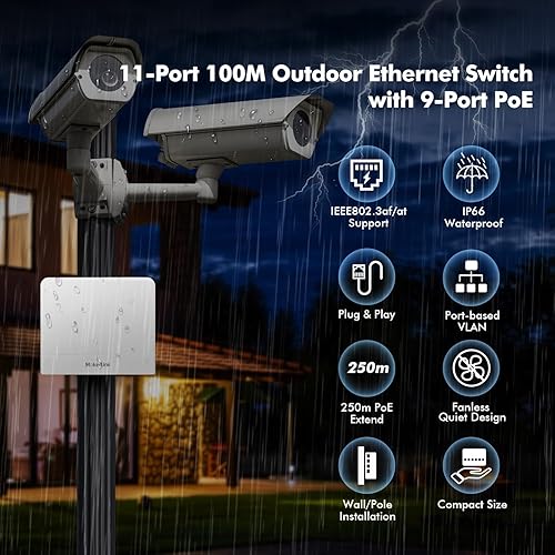 Miniatura 10 de MokerLink Interruptor POE Gigabit para exteriores de 5 puertos, con 4 puertos POE+ de 1000 Mbps, 78 W IEEE802.3afat, interruptor sin ventilador Plug