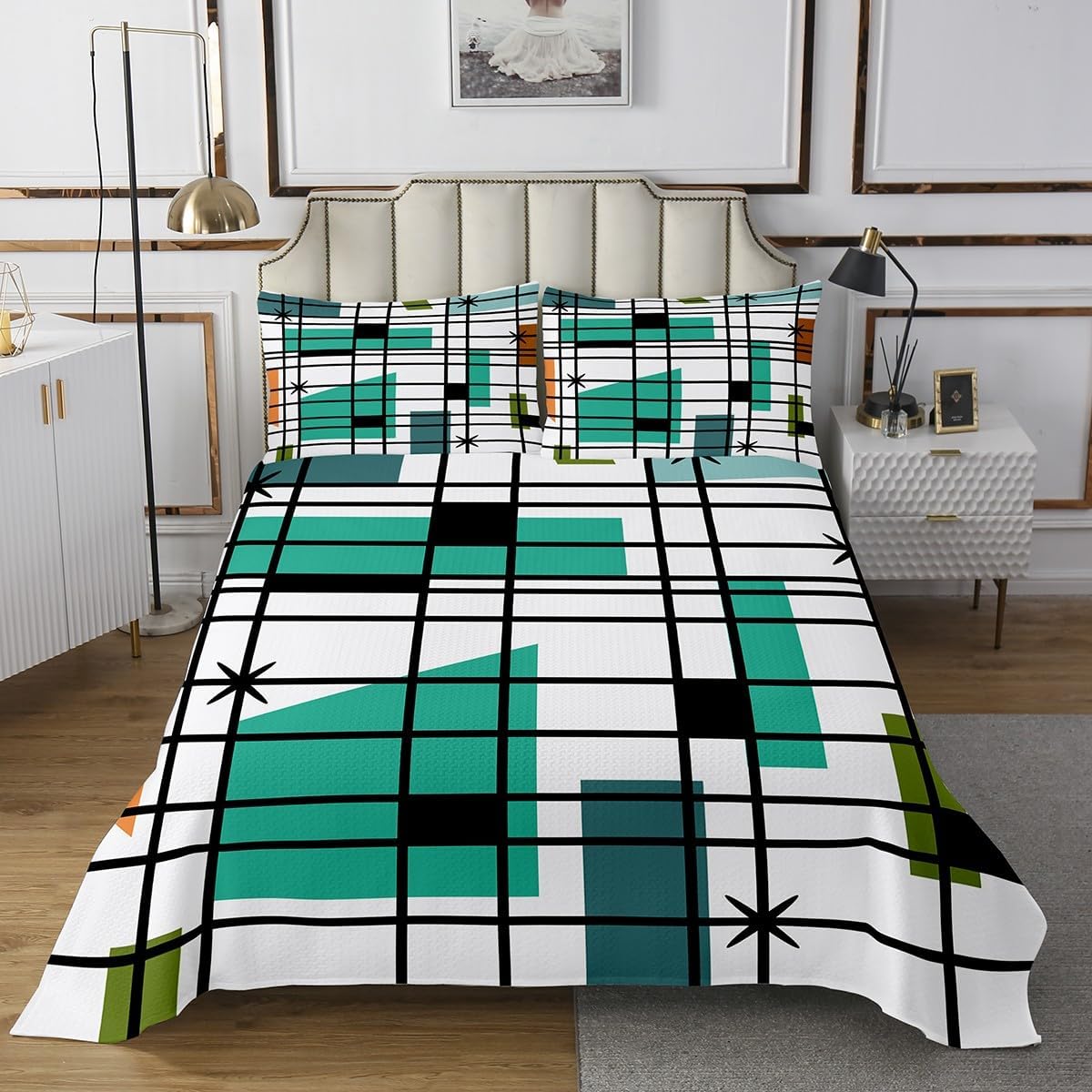 Erosebridal Retro Atomic Bedspread Queen Size White Turqoise Black Quilt Set, Geometric Lines Stripes Coverlet Set Mid Century Minimalist Bedding Set, Fifties Old Fashion Bed Cover Microfiber 3pcs
