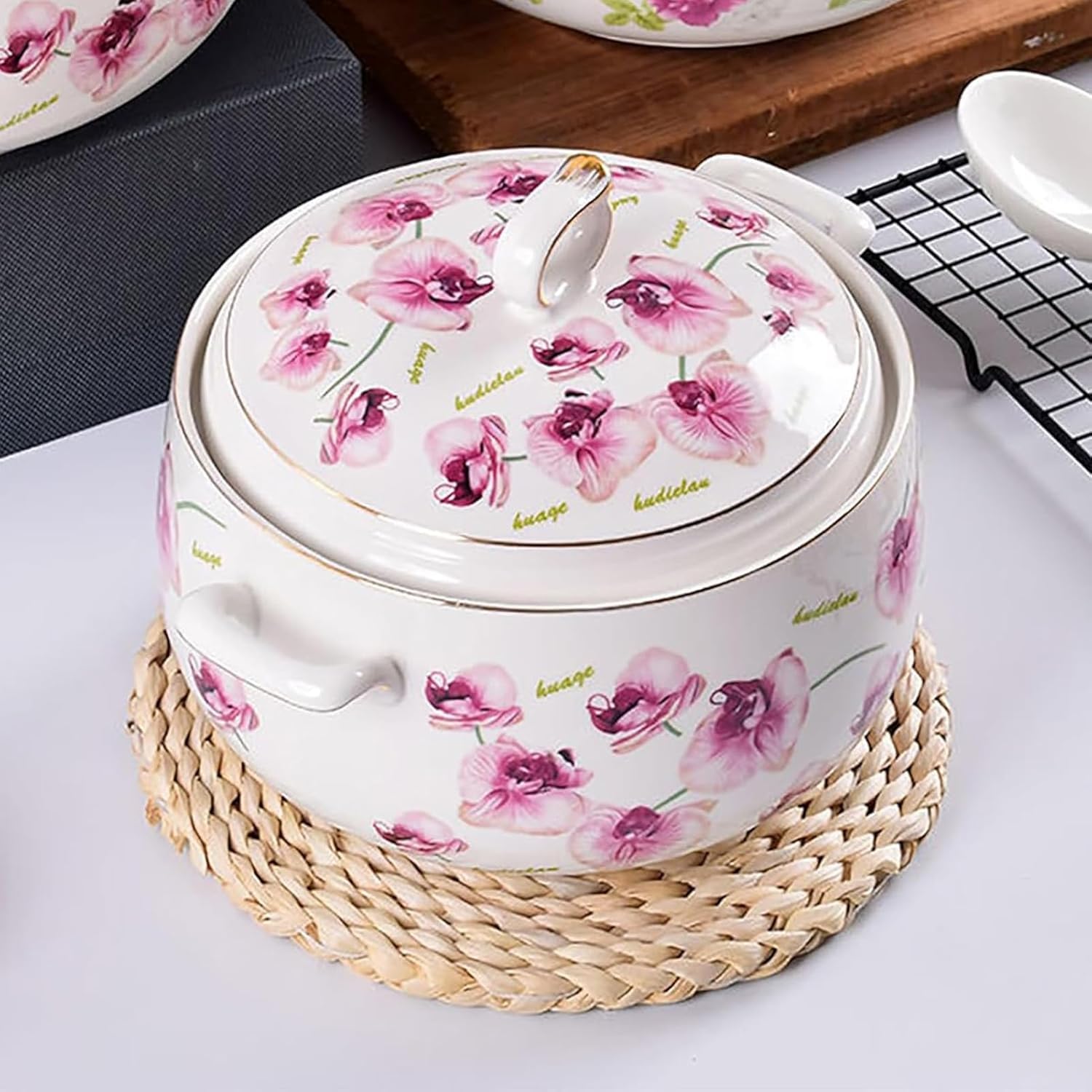 Ceramiczna miska do zupy z pokrywką, okrągła porcelanowa miska do domu i restauracji, nadaje się do mycia w zmywarce i piekarnika, idealna do serwowania i dekoracji, pojemność 2 l