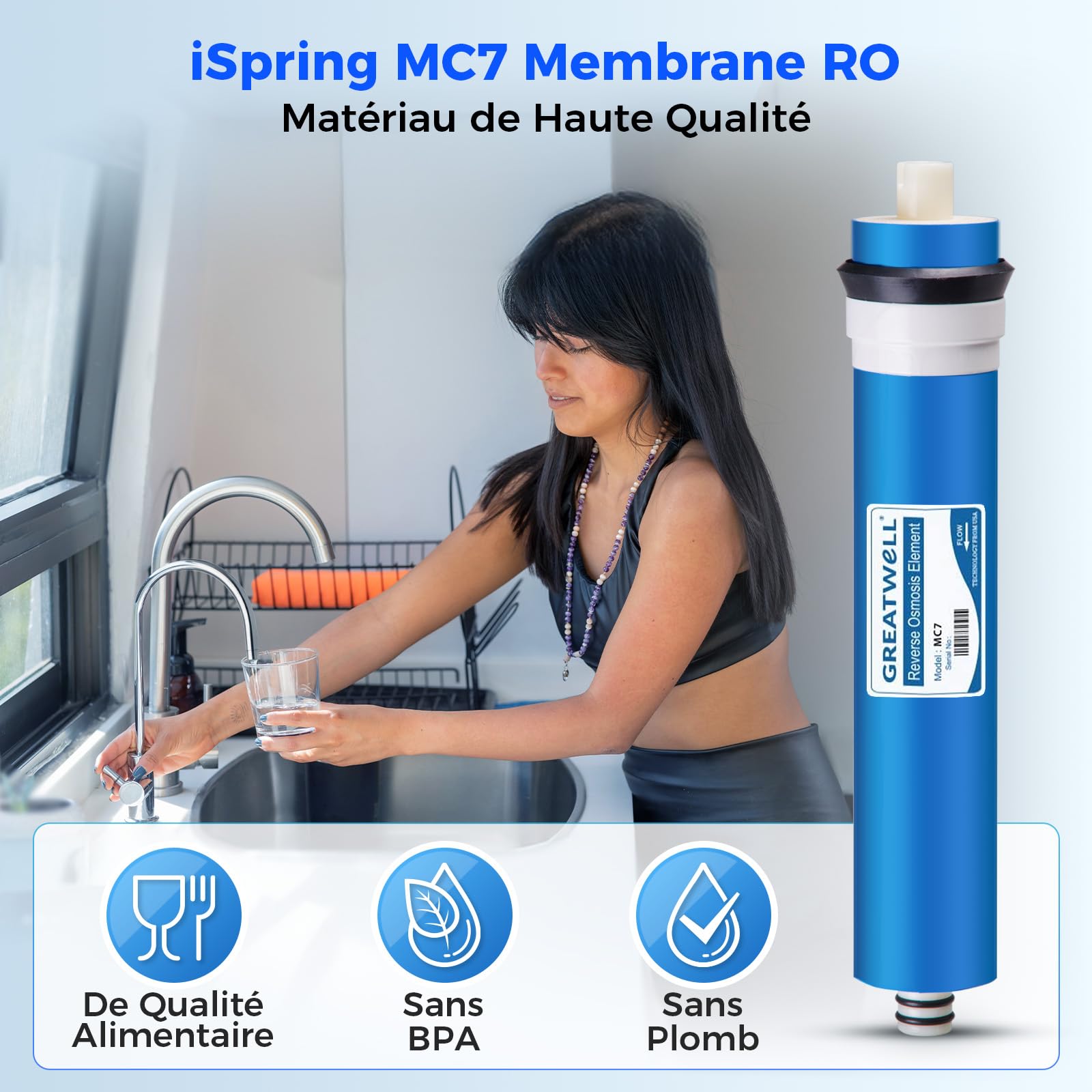 iSpring Greatwell MC7 Membrane RO 75 GPD de Remplacement Standard | 11,75" x 1,75", Membrane d'Osmose Inverse de Rechange, Système d'Eau Potable RO Standard sous Évier