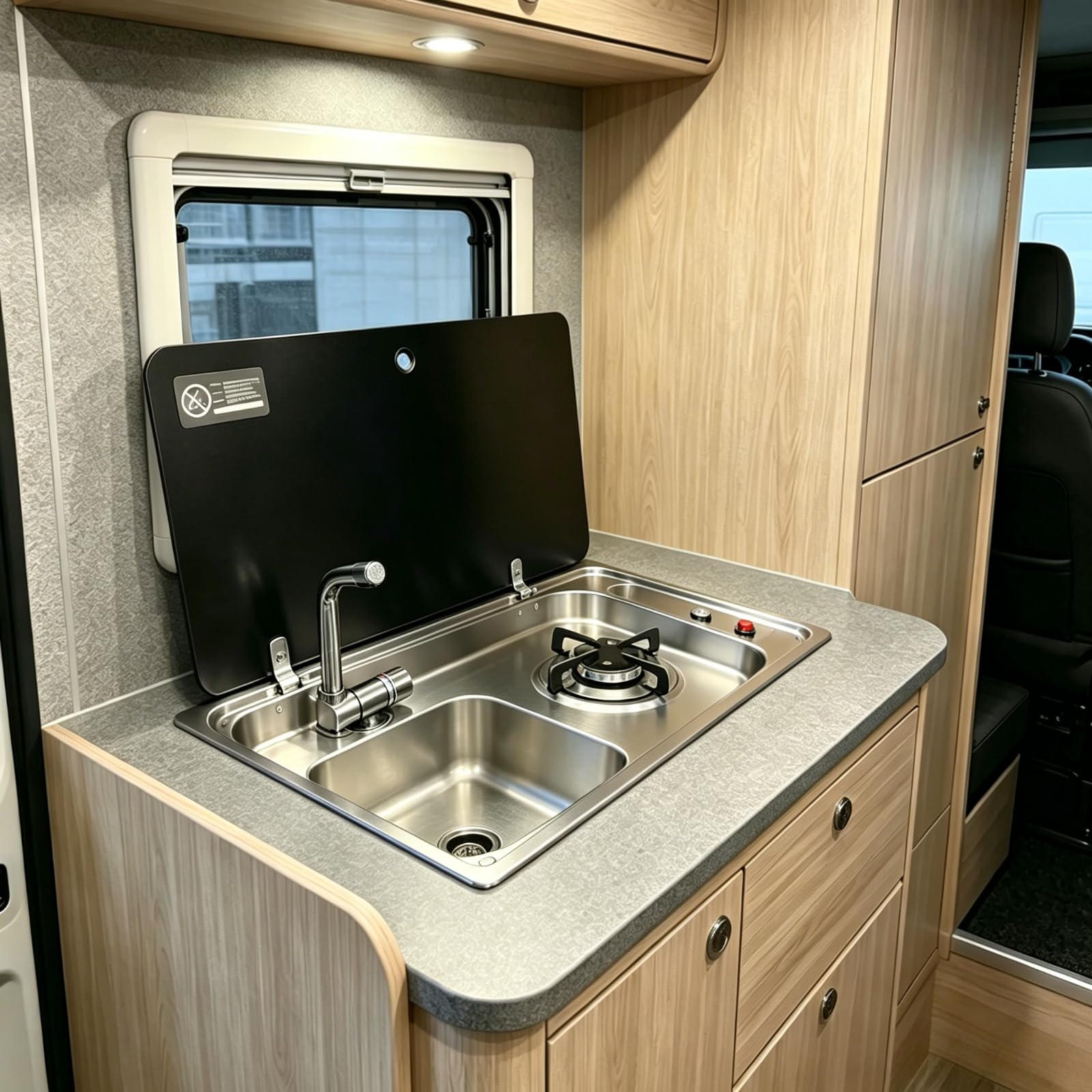 Lavabo 2 en 1 para caravana y compartimento de preparación con tapa de vidrio, inserto de acero inoxidable con boquilla plegable para caravana, furgoneta, remolque de viaje (negro/plateado)