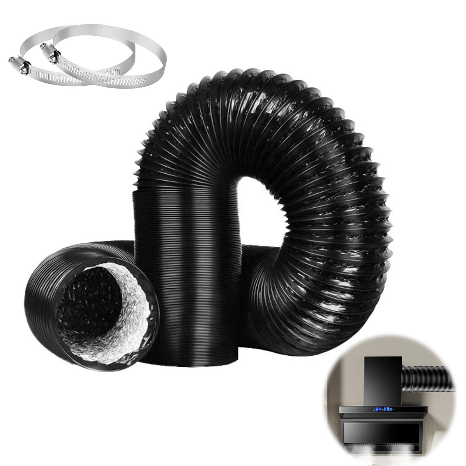4inch x 10ft (3M) Air Conditioning Hose Ducting Tumble Dryer Vent Hose, Aluminium 100mm Ducting, Wide Long Flexible Aluminium PVC Air with 2 Clamps for Extractor Fan Tumble Dryer(Black)