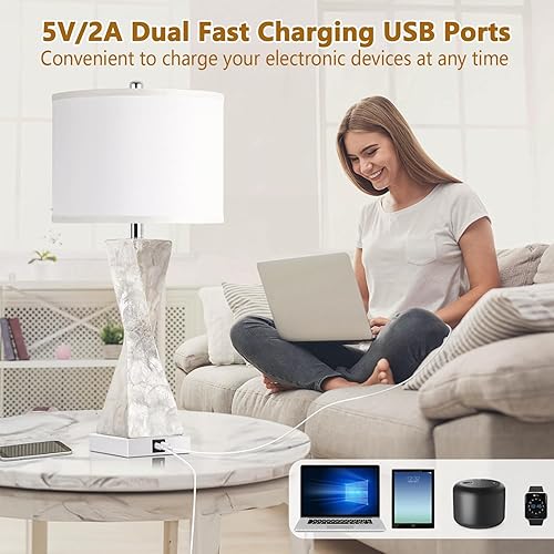 Miniatura 3 de Juego de 2 lámparas de noche de 27 pulgadas, 3 vías regulables táctiles con puertos de carga rápida USB y tipo C, lámparas de mesa con pantalla de