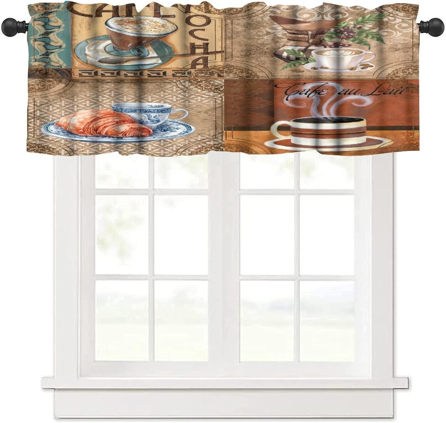 Vintage Wooden Board Coffee Kitchen Curtains and Valances Set Tier Retro Cup Rod Pocket Office Living Room Bedroom Dining Room Cafe 54 x 18 inches + 27 x 35.8 inches *2