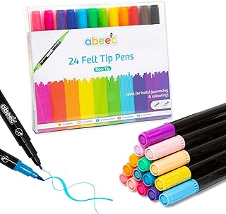 abeec 24 Felt Tip Pens - 24 x Dual Tip Felt Tips in Assorted Colours – Thick Brush Marker and Thin Felt Tip – Colouring Set for Children – Permanent Markers & Marker Pens