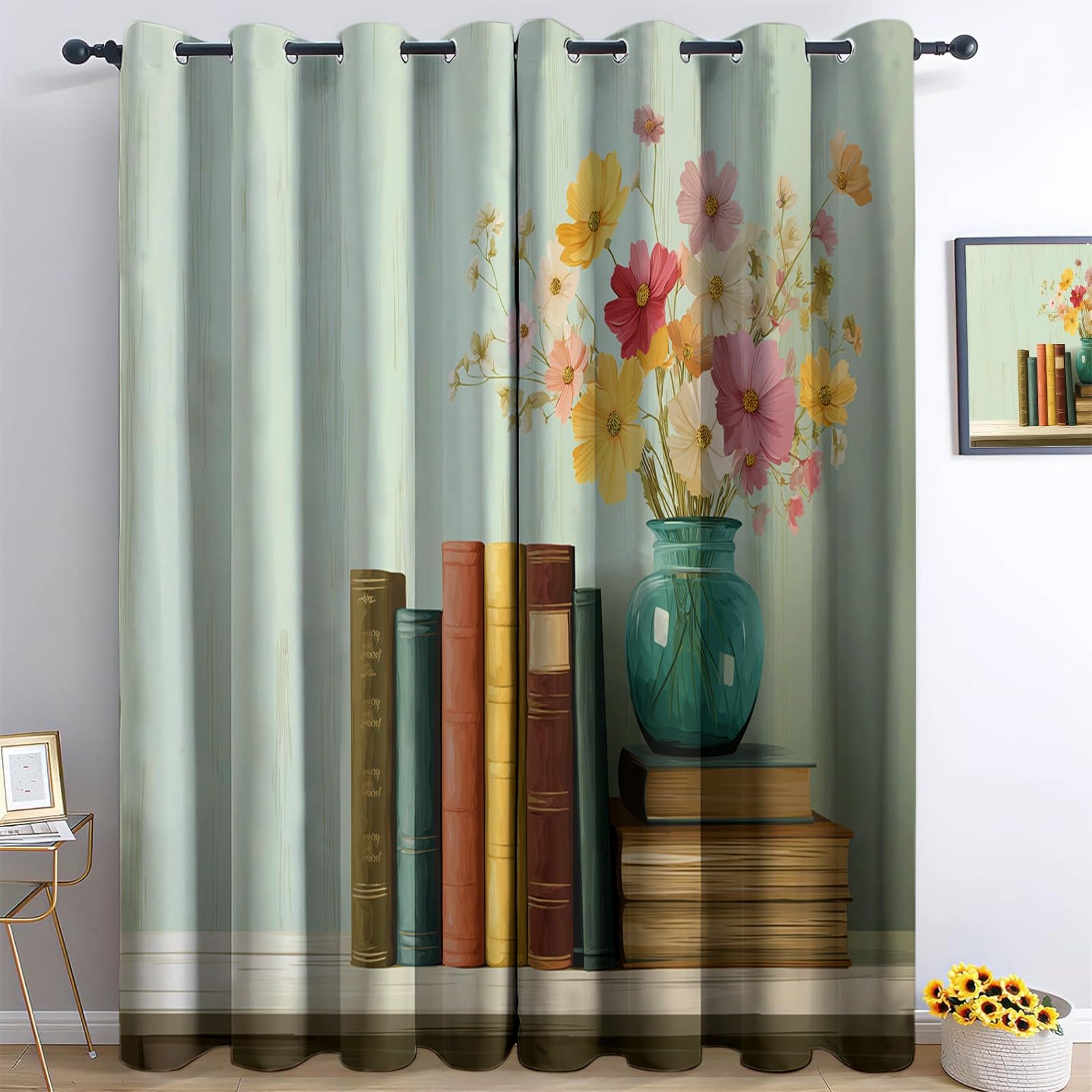 Hellgrün Blickdicht Vorhänge für Wohnzimmer Retro Buch Blumen Verdunklungsvorhang mit Ösen, Blickdicht Gardinen Thermovorhang für Schlafzimmer Deko 2er Set, H 260 x B 140 cm