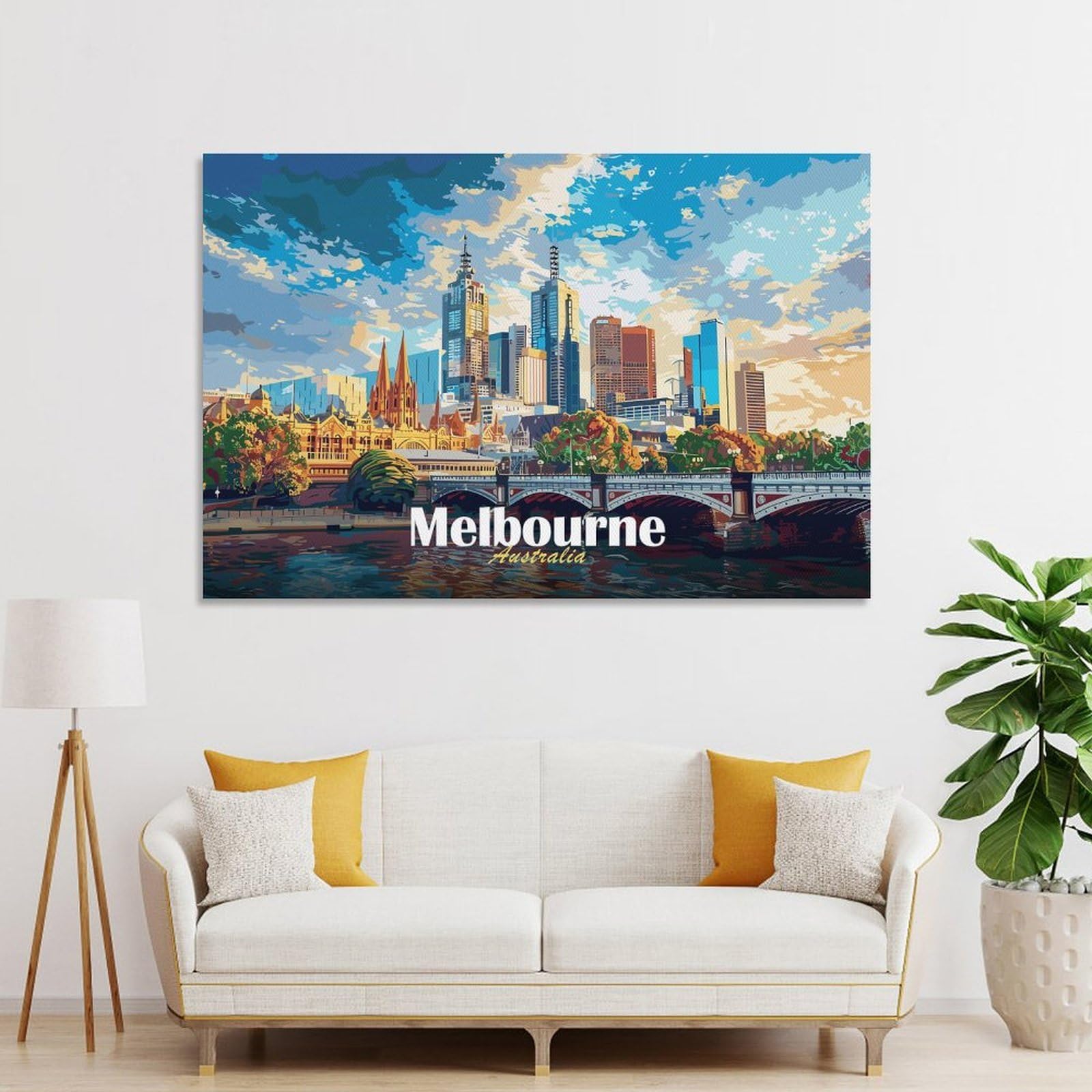 Junmoney Melbourne Skyline Painting Wall Art Print 24x36inch(60x90cm), for Hallway, Entryway Or Landing, A Neat Decor Update for Hallways, for Everyday Interiors