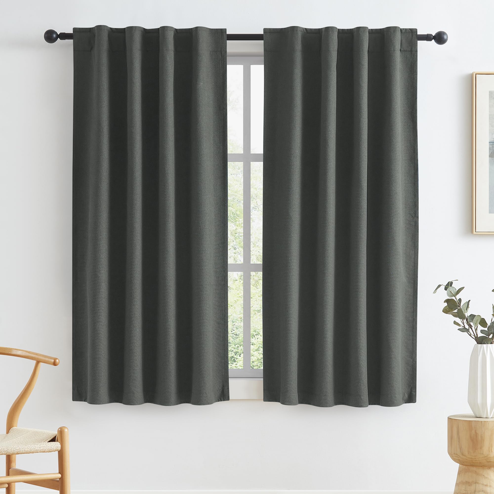 KEQIAOSUOCAI Blackout Linen Curtains for Small Windows, Full Shade Narrow Noise Reduction Privacy Drapes for Bathroom Back Tab Rod Loop Pocket Hook Belt (Dark Grey, W34 x L45, 2 PCs) — image 1
