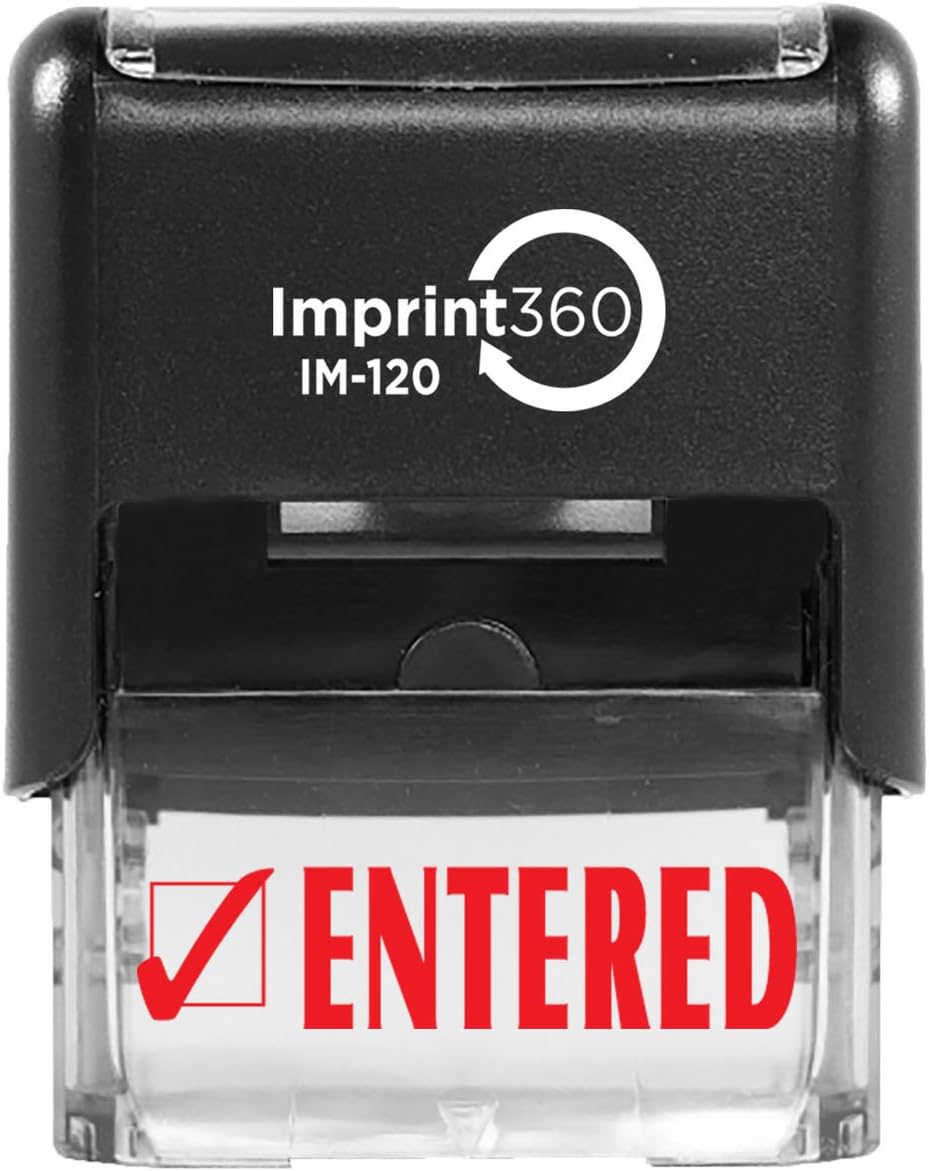 Imprint 360 AS-IMP1021 - Entered w/Check Mark, Heavy Duty Commerical Quality Self-Inking Rubber Stamp, Red Ink, 9/16" x 1-1/2" Impression Size, Laser Engraved for Clean, Precise Imprints