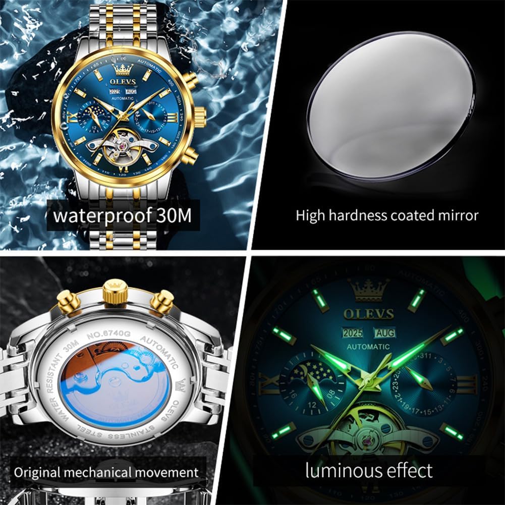 OLEVS Automatic Watches for Men Luxury Skeleton Multi-Function Mechanical Watch Self Winding Date Waterproof Luminous Mens Watch