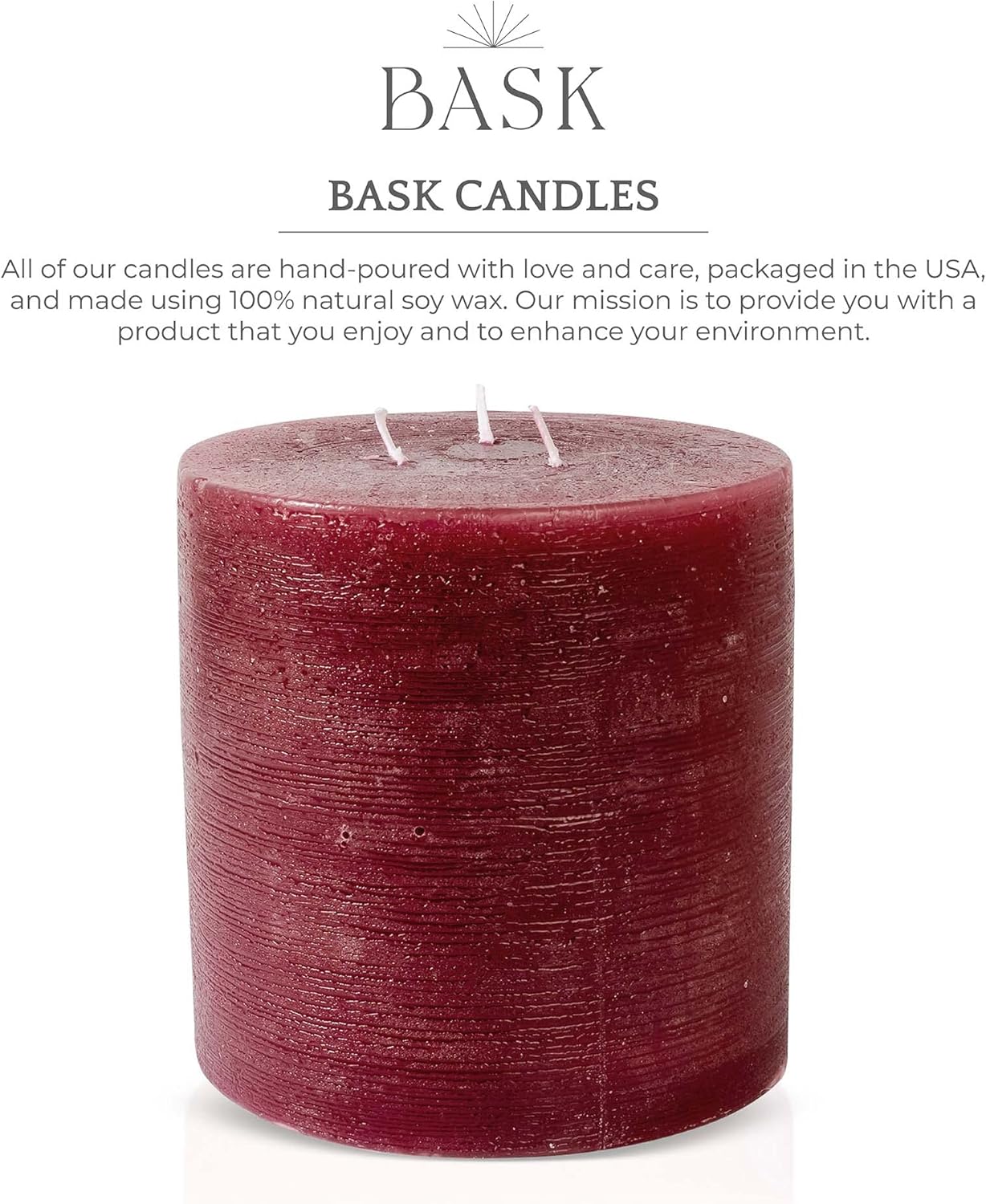 Bask Large Mottled Pillar Candles - Unscented - 6-Inch Diameter for Extra-Wide Holders - 3-Wick Candles for Home and Events - Burgundy