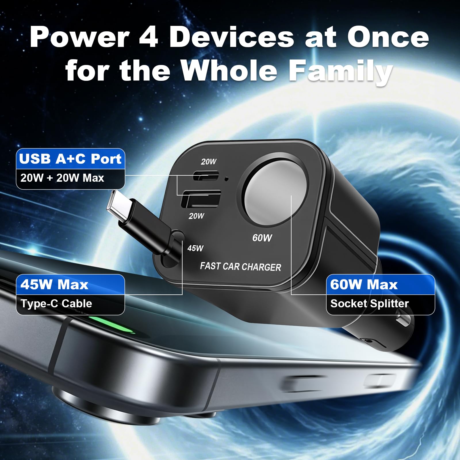4 in 1 presa accendisigari USB C, 145 W, caricatore da auto con cavo retrattile di tipo C, adattatore USB da 12 V/24 V, compatibile con iPhone17/16/Samsung S26