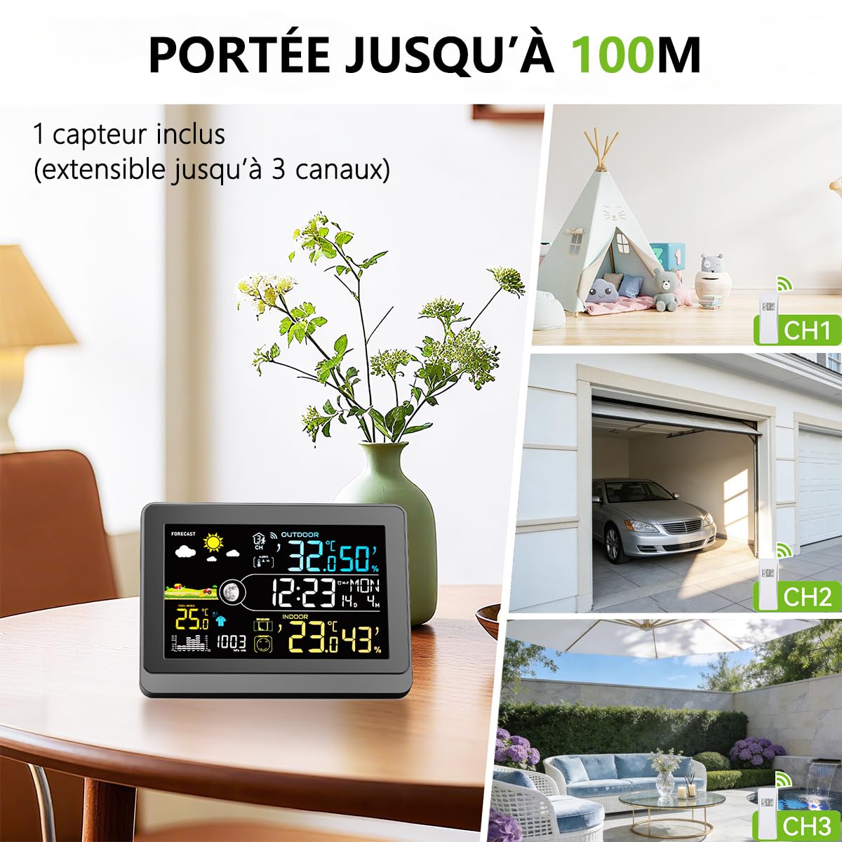 Uzoli E0622 Station météo sans fil avec capteur extérieur, horloge DCF