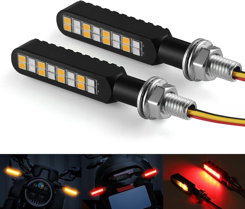iFunyLED 2PCS Flowing LED Motorcycle Turn Signal Strobe Brake Tail Lights, Aluminum Alloy 12V Super Bright Motorbike Front Rear Blinkers Fit for Harley Honda KTM Kawasaki Suzuki Yamaha - Red & Amber