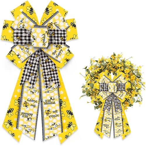 Estivaux Lazos grandes de abejorro para corona, lazos de corona de abeja amarillos, lazos de arpillera amarillos, lazos de búfalo blanco y negro,