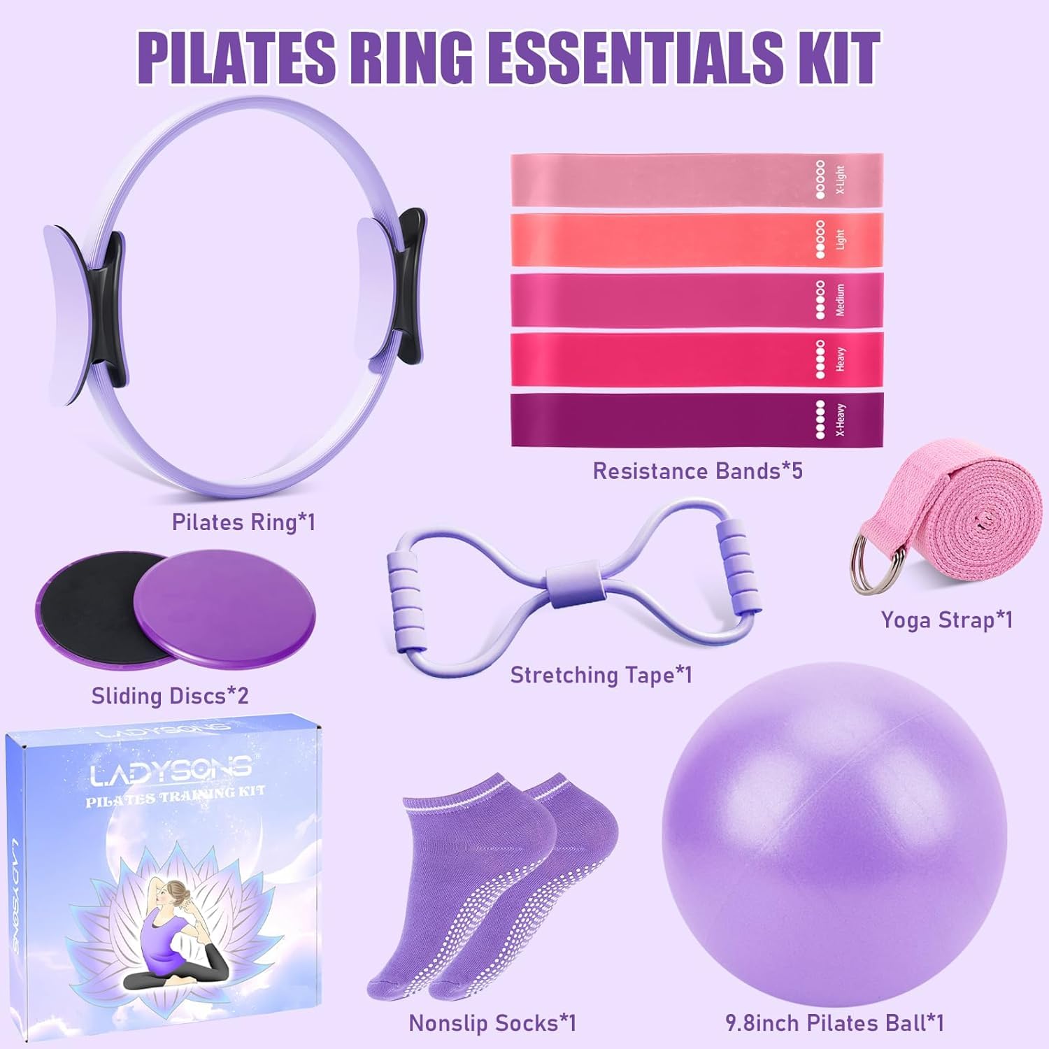 Set di anelli da pilates – Pilates Essential Kit con 32 cm Magic Circle, Pilates Ball, Pilates Bänder, Sliding Disks & Training Poster ecc., Attrezzature per il fitness per la casa, accessori