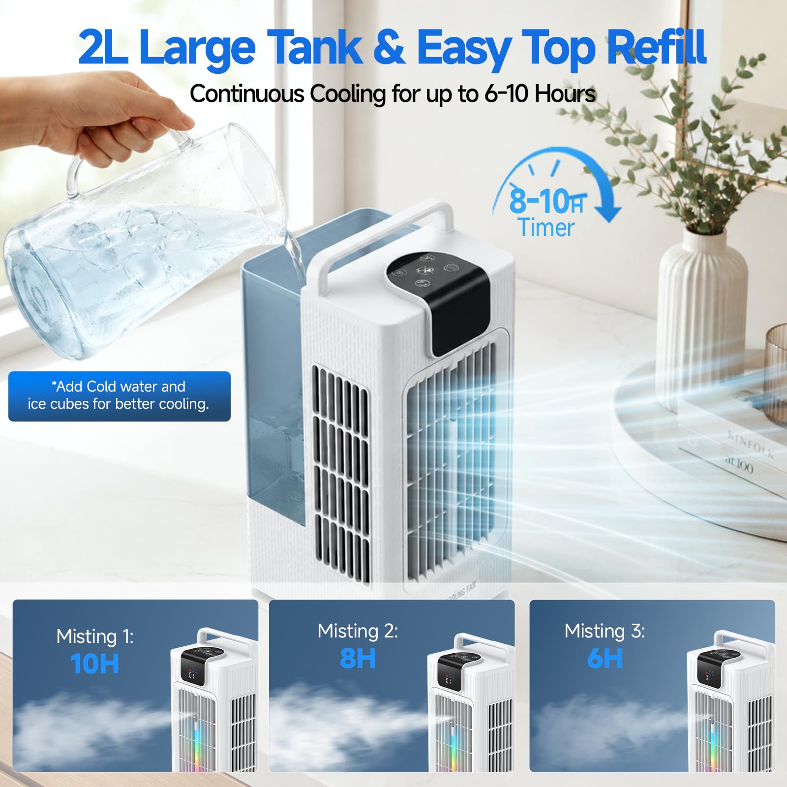 Refroidisseur d'air évaporatif 4-en-1,2L Ventilateur Rafraîchissant Portable avec Télécommande,Oscillation 120°,4 Vitesses 3 Brumisation,Minuterie 1-8H,pour Chambre Bureau Maison (Blanc, 2L)