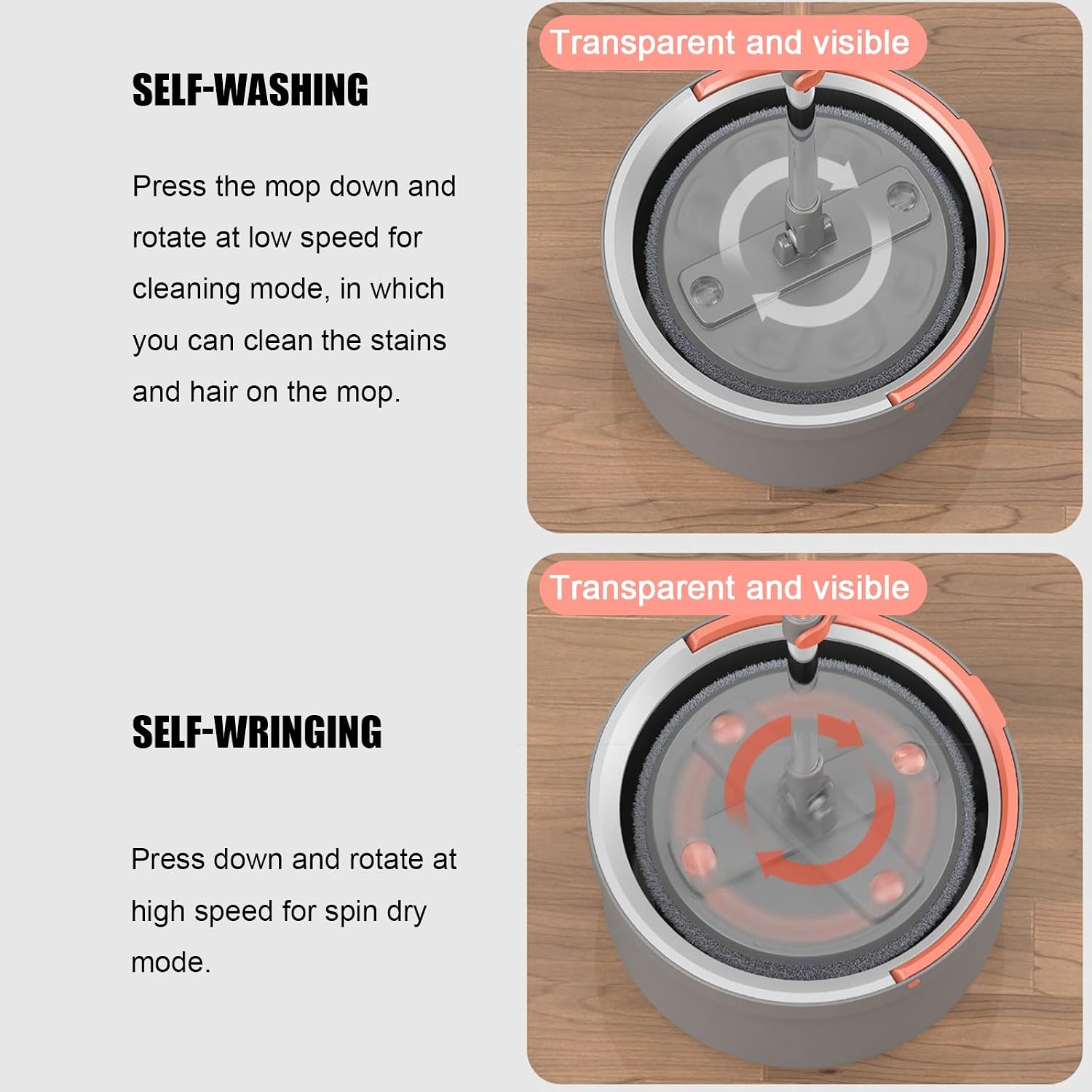 Spin Mop and Bucket with Wringer Set, Dual Compartment, Separate Clean & Dirty Water, Home Floor Cleaning for Hardwood Tile Laminate,6 Microfiber Mop Pads