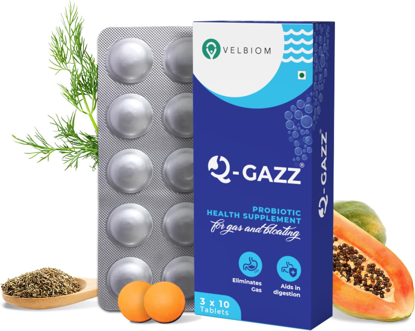 VELBIOM Q Gazz Helps In Gas,Bloating And Indigestion| Clinically Proven Unique Blend Of Probiotics,Carminative Oils| Digestive Enzymes| Dill & Ajwain Oil| Bowel Movement| 30 Capsules