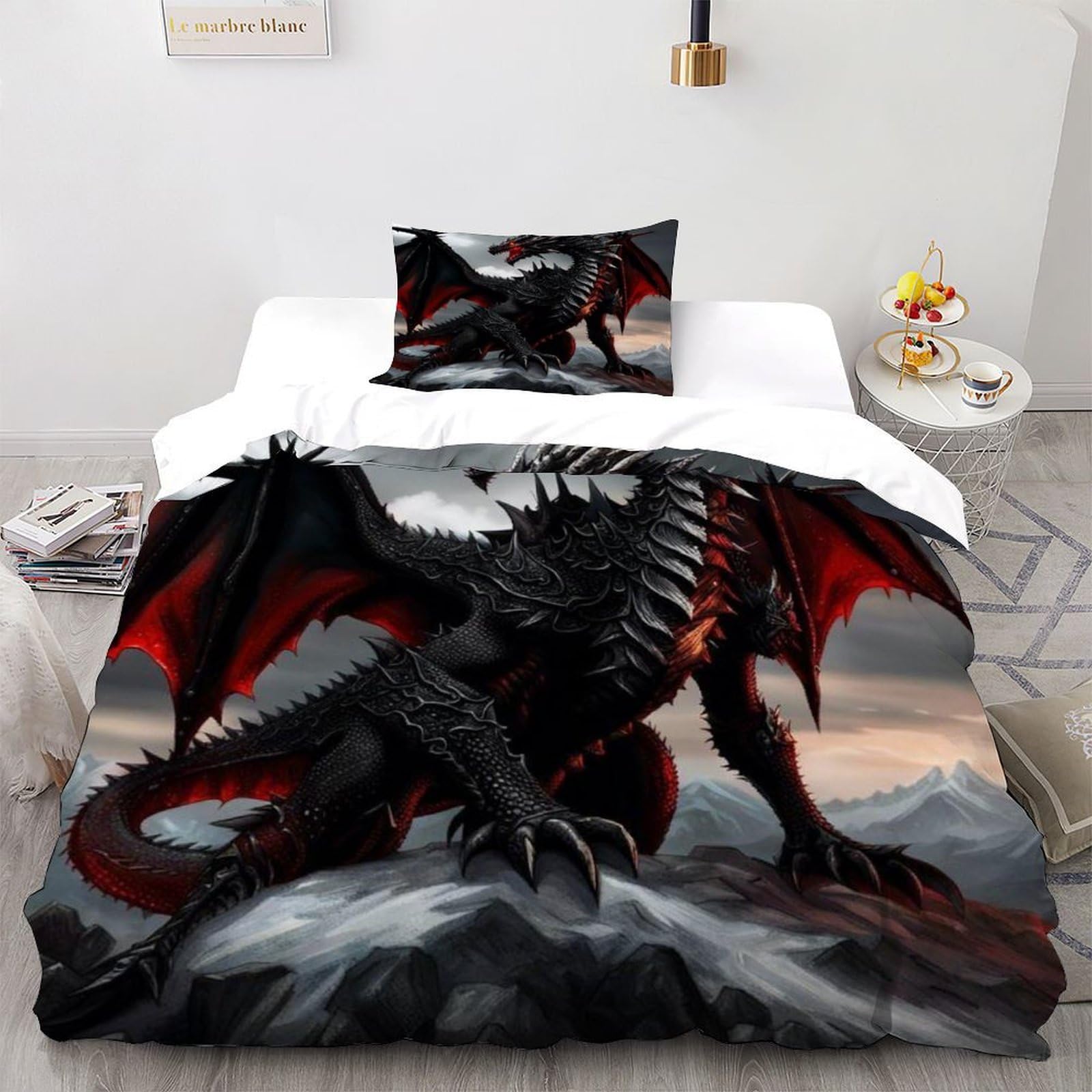 Housse de couette dragon en tissu anti-plis et facile à laver pour lit simple 1 place 135x200