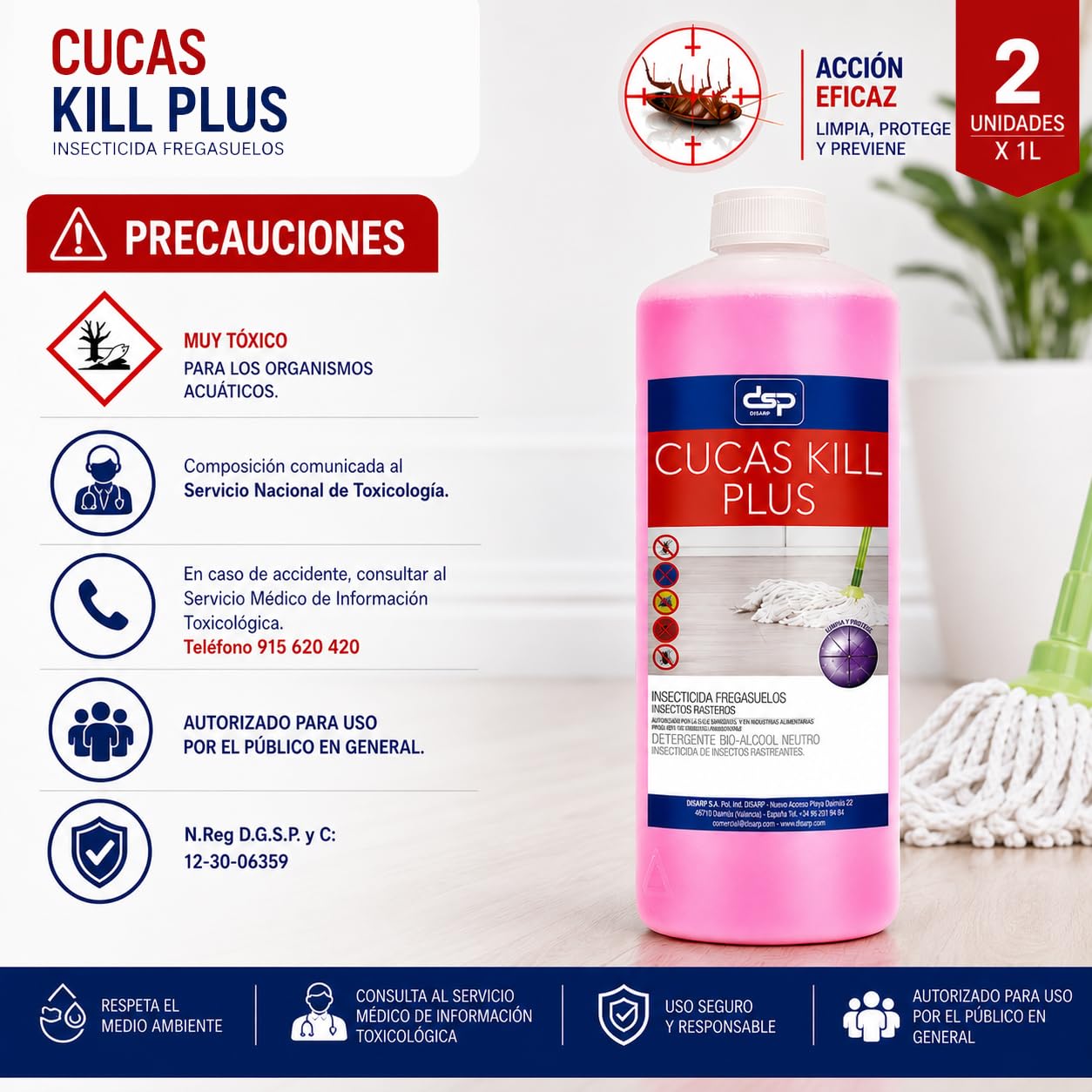 PACK DE 2 UNIDADES CUCAS KILL PLUS Insecticida Fregasuelos, Elimina Hormigas, Cucarachas y Arañas, Efecto Preventivo 15 Días, Aroma Neutro