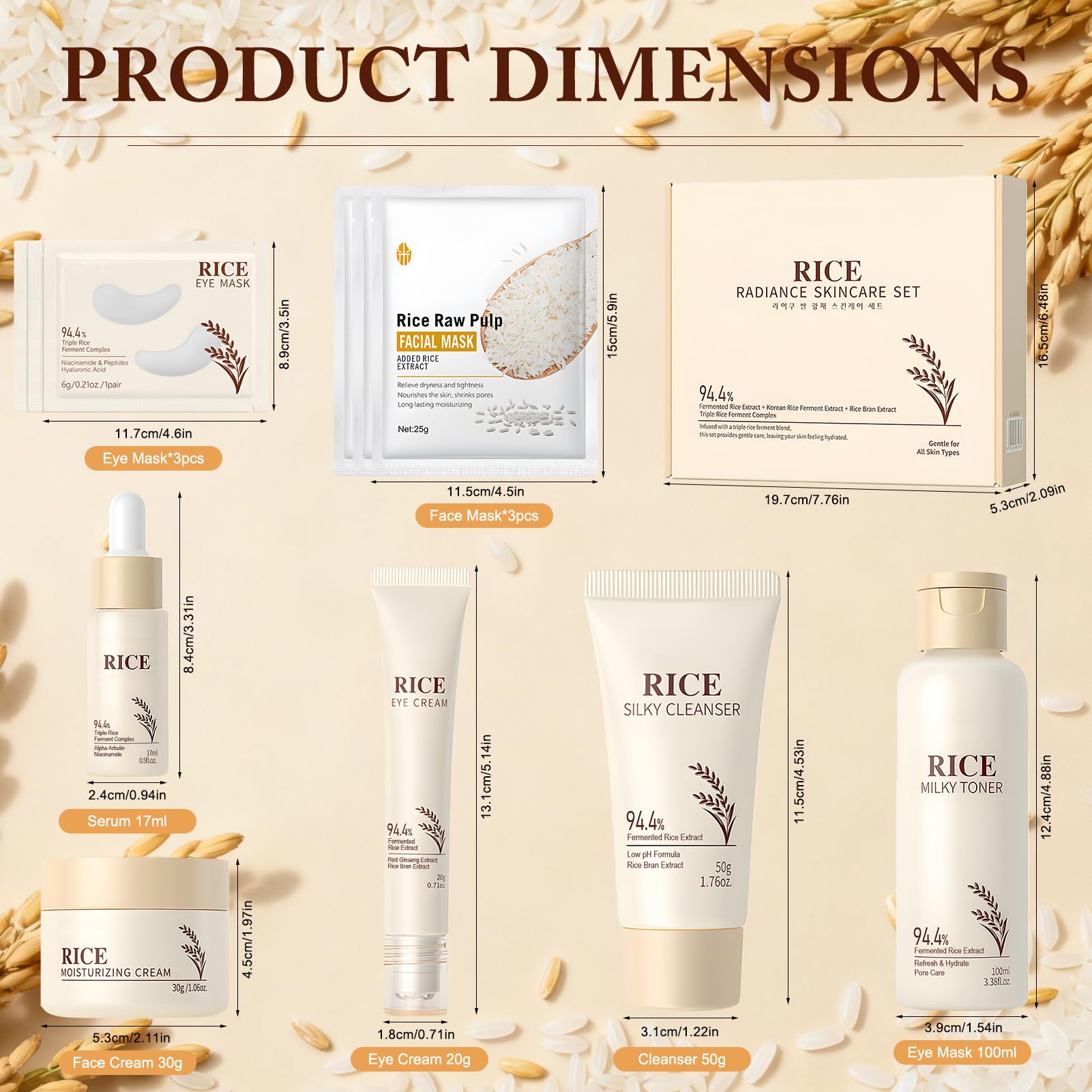 Riso Kit Skincare Viso Completo, 11 Pezzi Riso Set Skincare, Skin Care Coreana Set Completo con Detergente, Maschera, Maschera, Rice Toner, Contorno Occhi, Idrata e Nutre, Lasciando la Pelle Radiosa