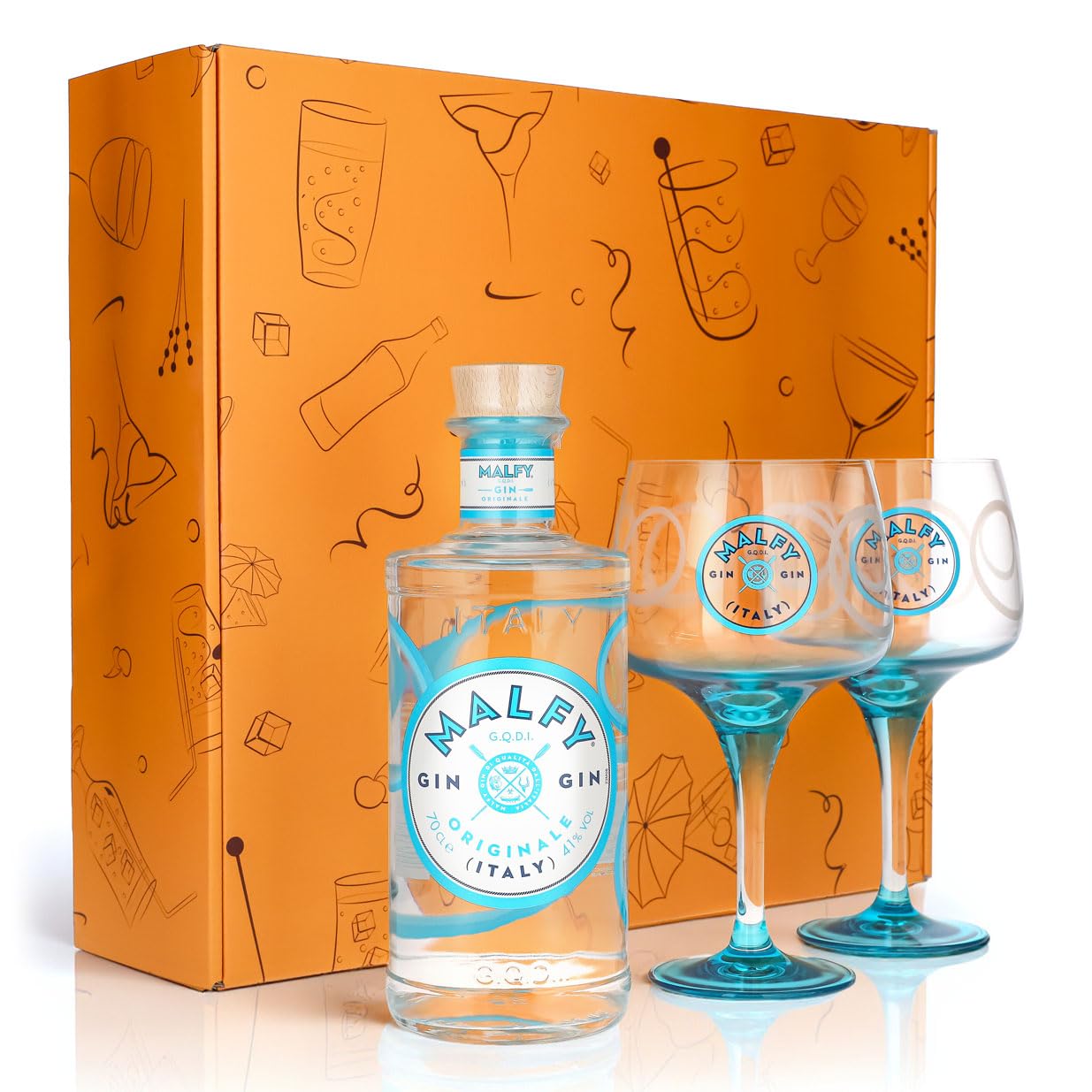Sipply Geschenkset 3-teilig mit 2 Ballongläser und 1 Flasche Malfy Gin 0,7l 41,0% Vol. | mit Geschenkverpackung: Orange | Geschenk für Frauen Männer Mama Papa Freundin zu Weihnachten Ostern