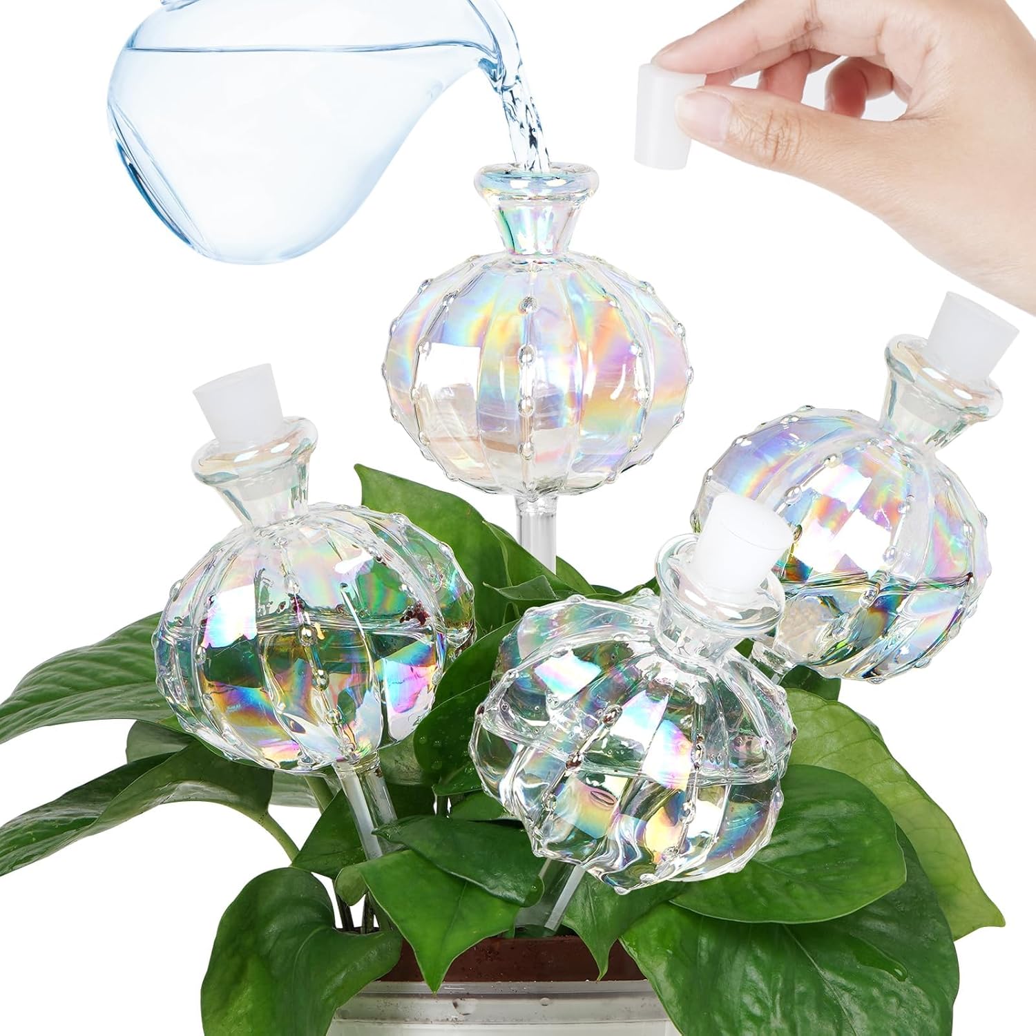 Self Watering Planter Insert – 4-Piece Plant Watering Globes, Rainbow Cactus Shape, Medium Size – Easy Care for Plants, Automatic Watering System, Ideal for Plant Lovers & Travel