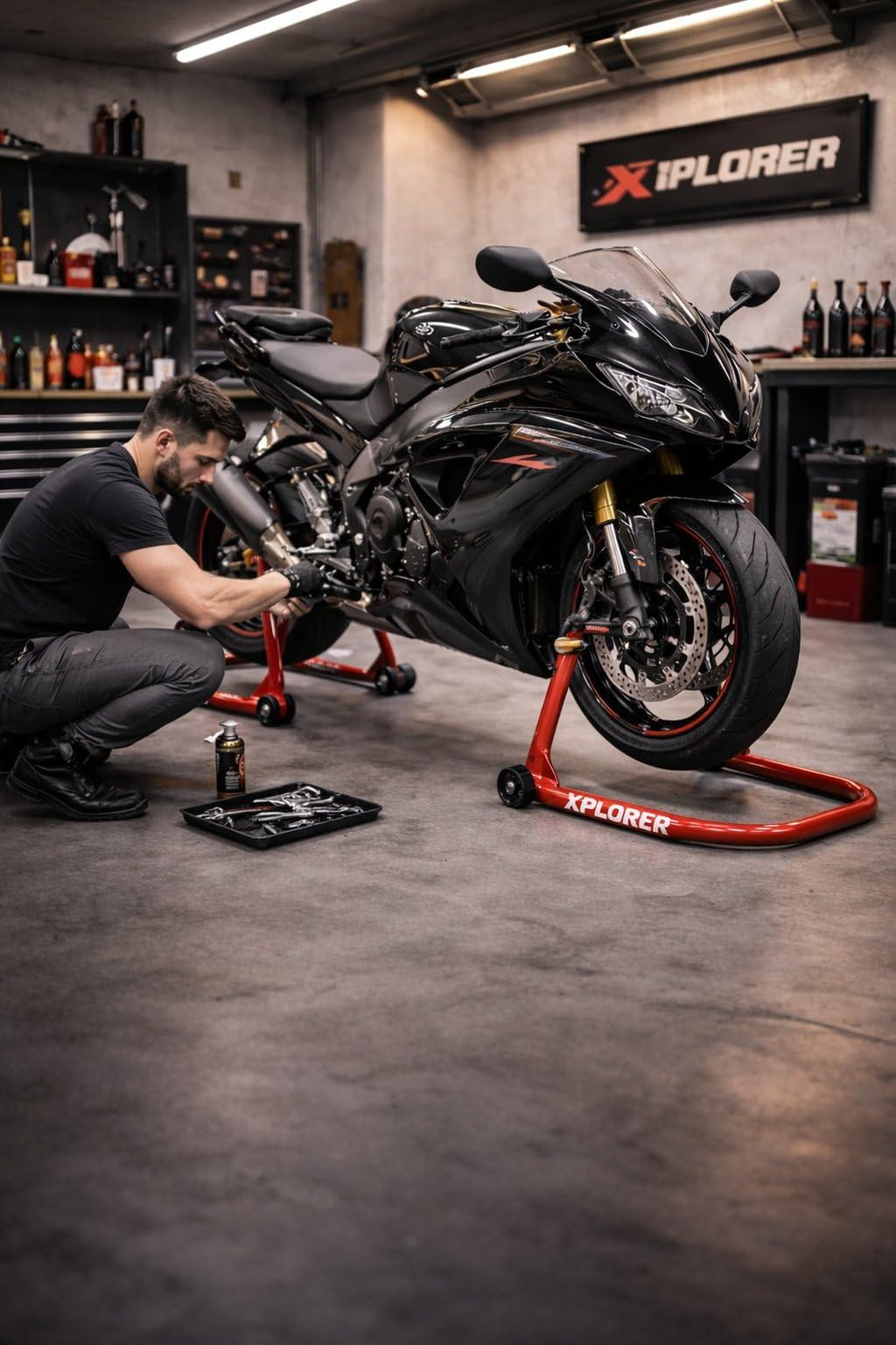XPLORER Cavalletto Moto Posteriore Con Supporto Universale - Sollevatore Moto Con Ruote In Ferro Verniciato Per Manutenzione Garage