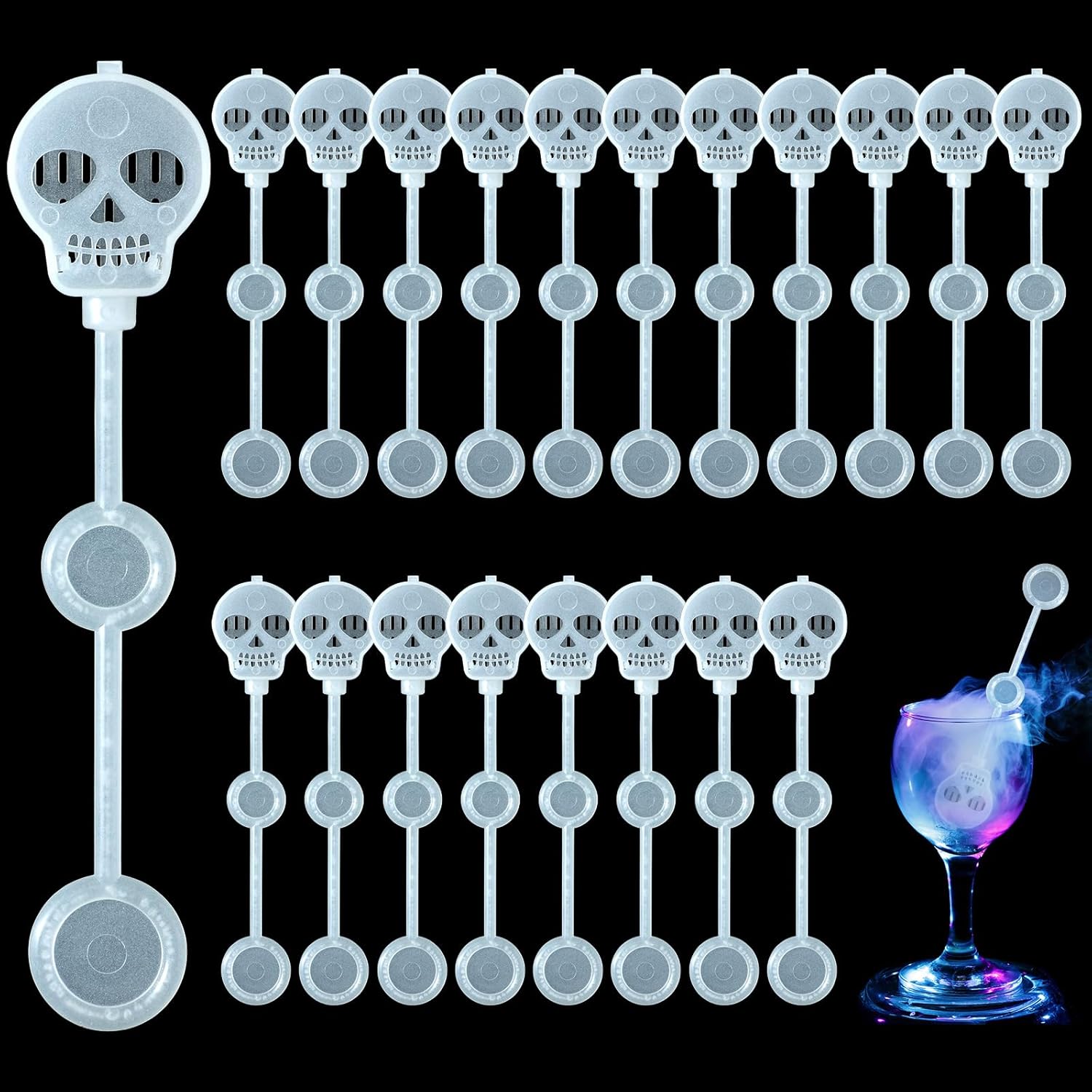 20 Pcs Halloween Dry Ice Swizzle Sticks, Skull Shape Plastic Stir Sticks Glow in the Dark Cocktail Beverage Drink Stirrers for Smokey Drinks Coffee Mix Home Bar Party Decoration