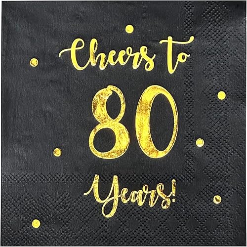 Miniatura 10 de Servilletas de cóctel de Cheers to 80 años, decoraciones de feliz cumpleaños n.° 80 para hombres y mujeres, decoraciones de aniversario de boda