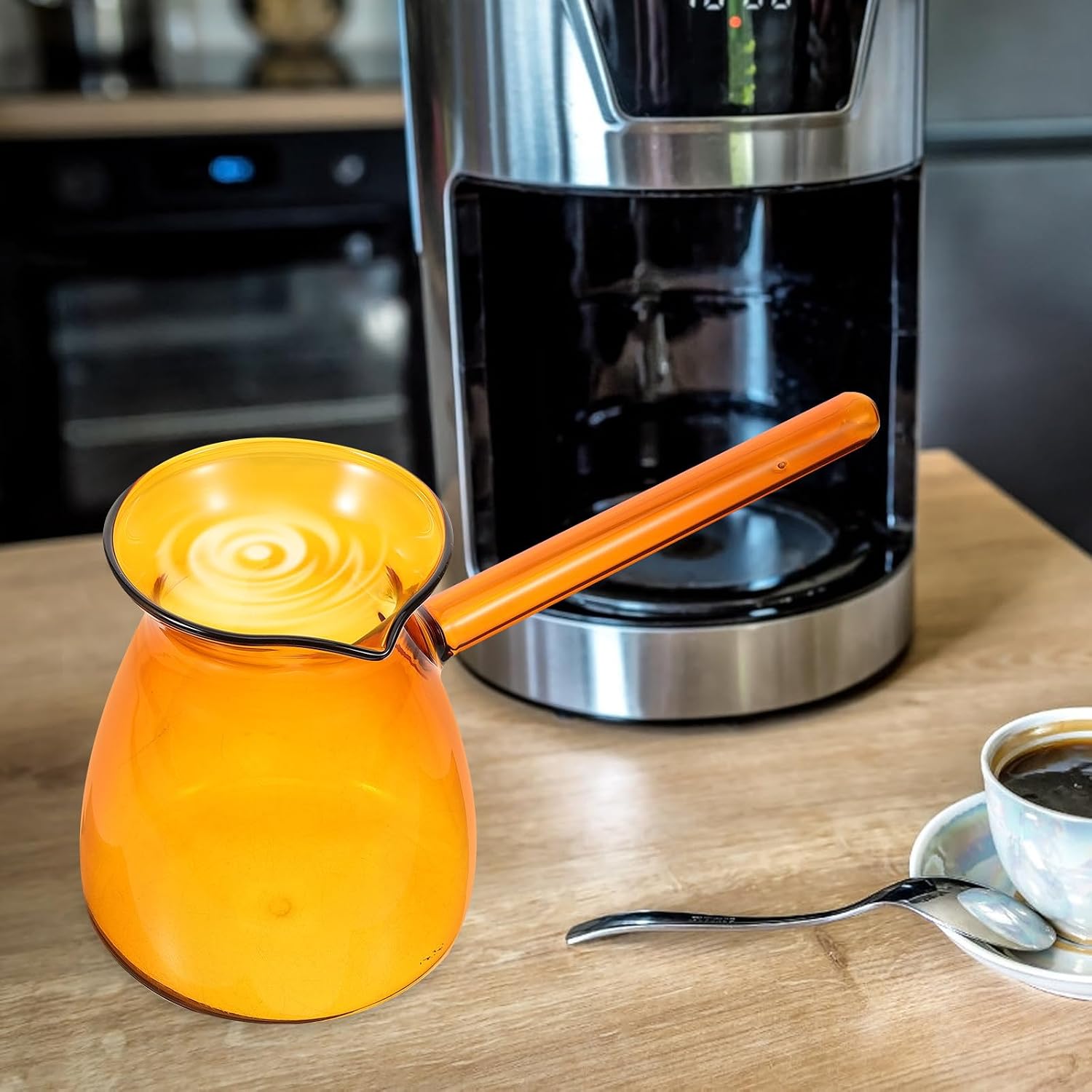 SEWACC Heat-resistant Turkish Glass Coffee Pot with Side Handle Small Borosilicate Milk Kettle for Boiling Tea Coffee Soup Lightweight Easy-pour Spout Smooth Grip for One-handed Use