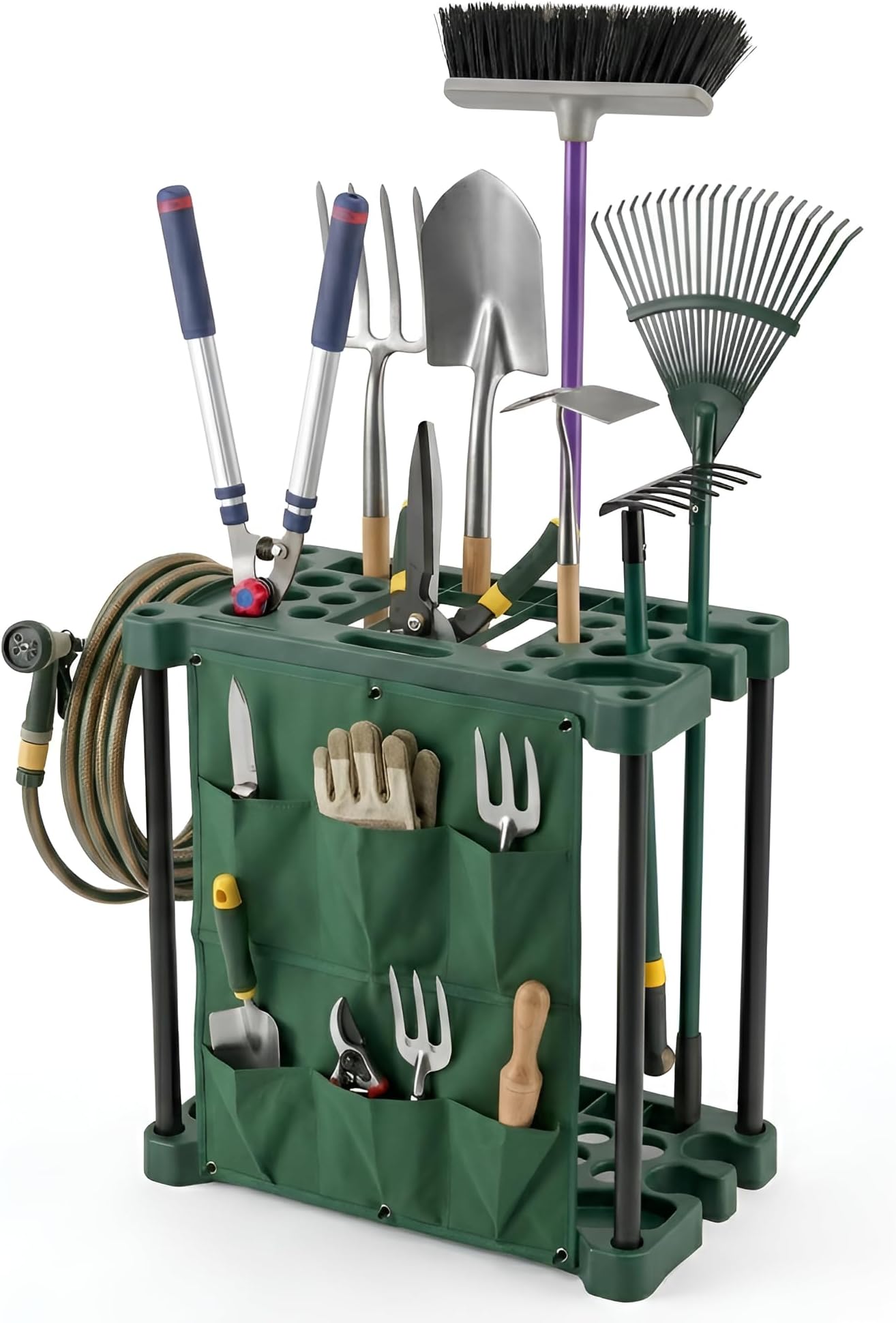 Durable Plastic Mobile Weatherproof Garden Tool Storage Rack - Lightweight Portable Caddy - Free Standing Unit Tidy Organiser for 40 Garden Tools with Multiple Pouches - Easy Assembly
