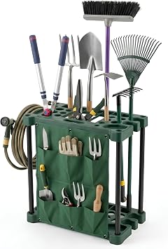 Durable Plastic Mobile Weatherproof Garden Tool Storage Rack - Lightweight Portable Caddy - Free Standing Unit Tidy Organiser for 40 Garden Tools with Multiple Pouches - Easy Assembly