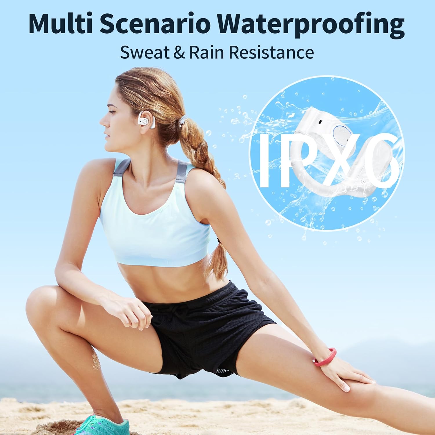 Woman exercising with Kinglucky i31 pro headphones, highlighting IPX6 waterproofing