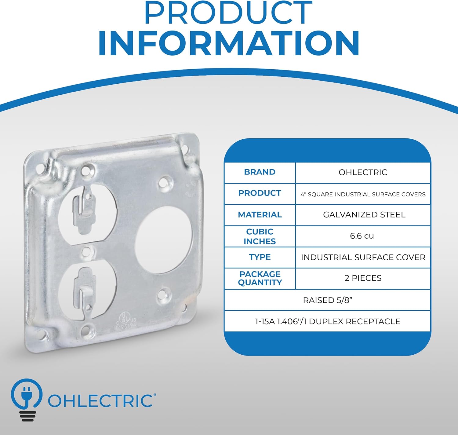 OHLECTRIC 4-inch Square Exposed Work Cover 1 Duplex Receptacle and 15A 1.406"– Made from Galvanized steel, 5/8” Raised Electrical Exposed Cover (2-Pack)
