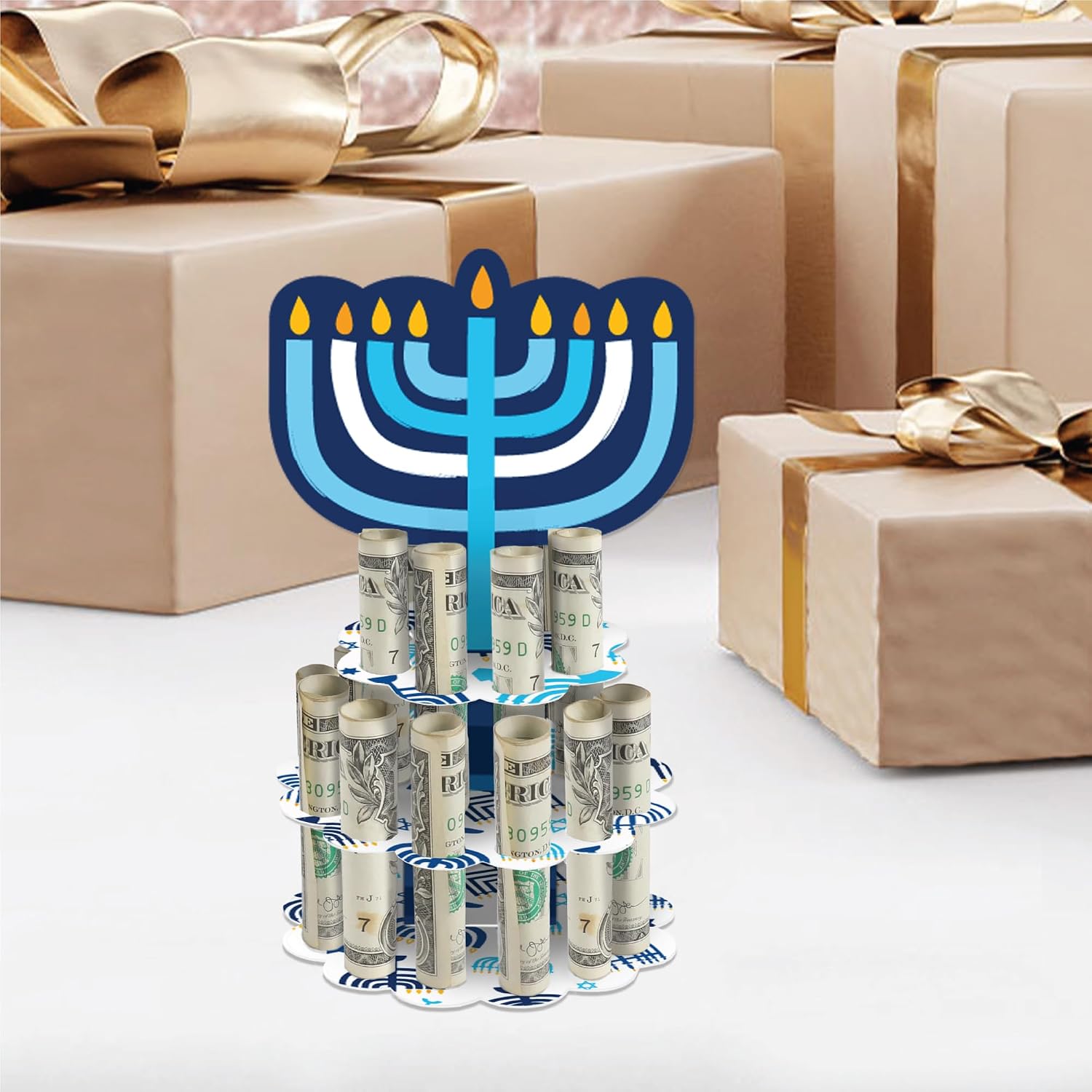 Big Dot of Happiness Hanukkah Menorah - DIY Chanukah Holiday Party Money Holder Gift - Cash Cake