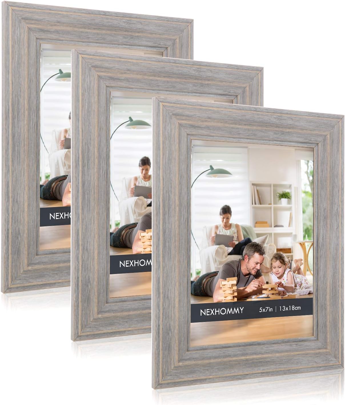 5x7 Picture Frames Distressed Gray - Weathered Look (3 Pack) Farmhouse Wood Grain Designed with High Definition Glass For Table Top Display And Wall Hanging Set Of 3