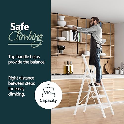 Miniatura 2 de Escalera de 4 peldaños con peldaños anchos, escalera plegable de aluminio con pies antideslizantes, escalera ligera portátil con asa, fácil de