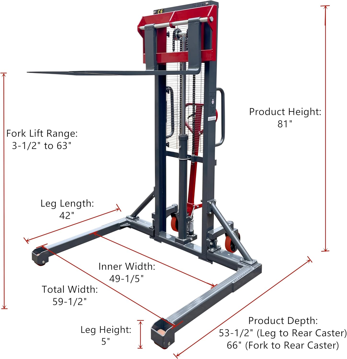 Long Fork Manual Pallet Stacker Hand/Foot Pump Lift Truck Hydraulic Lift with Adjustable Fork and Straddle Legs, 2200 lbs Capacity, Lift Height 63", Fork 45.27" L, Leg 49.2" W