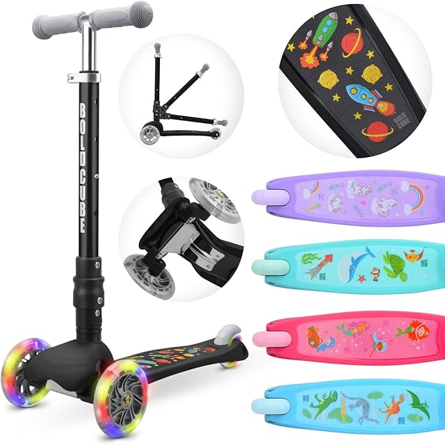 BOLDCUBE Teeny Foldable 3 Wheel Scooter for Kids Age 2-8 Year Old - Height Adjustable Push Scooter with LED Flashing Wheel Lights for Boys and Girls -Birthday Gift Kick Scooter for Kids ages 4-7 +