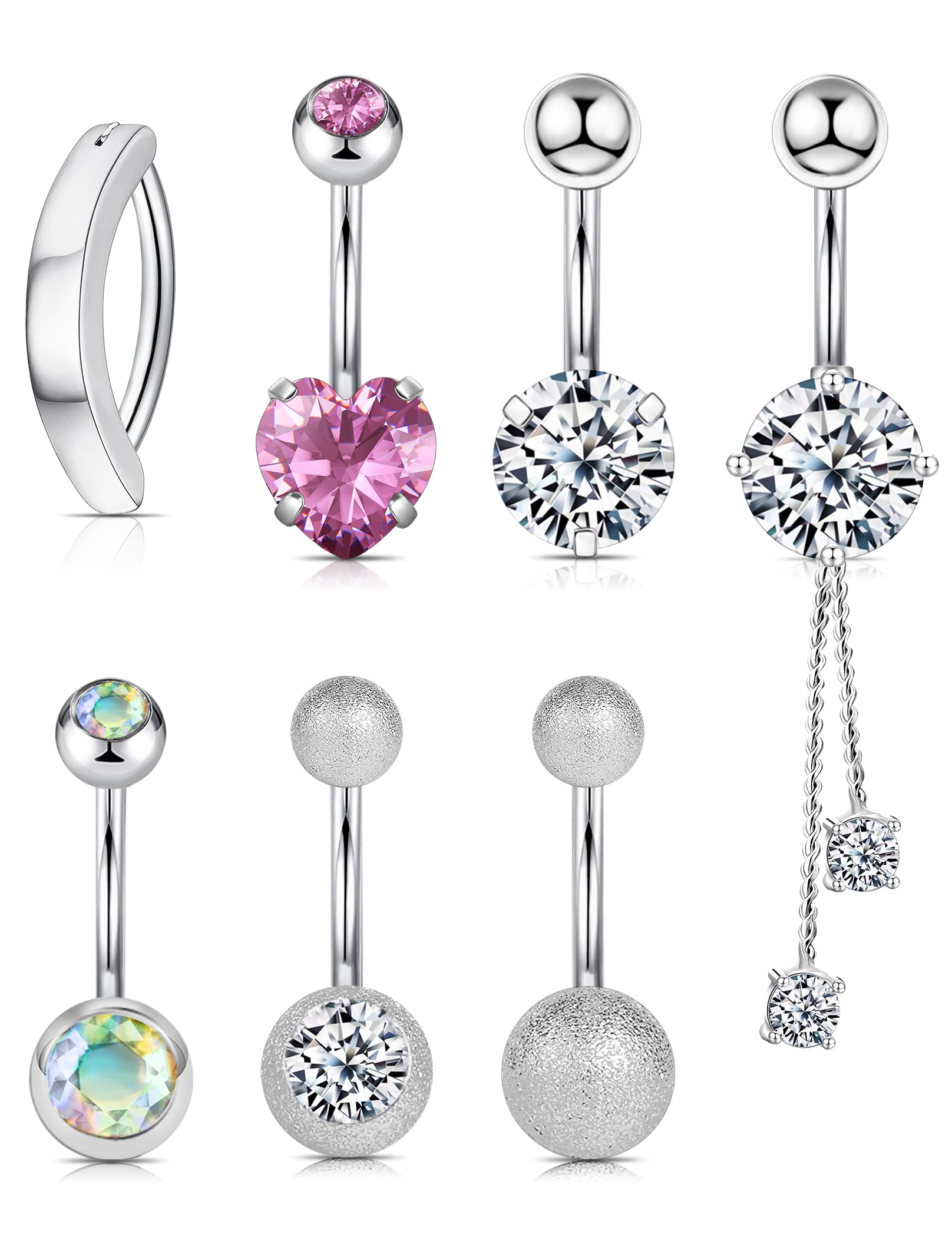 Wssxc 14G Hypoallergenic Surgical Steel Belly Button Ring Cubic Zirconia Belly Button Barbs Body Piercing Set 7Pcs