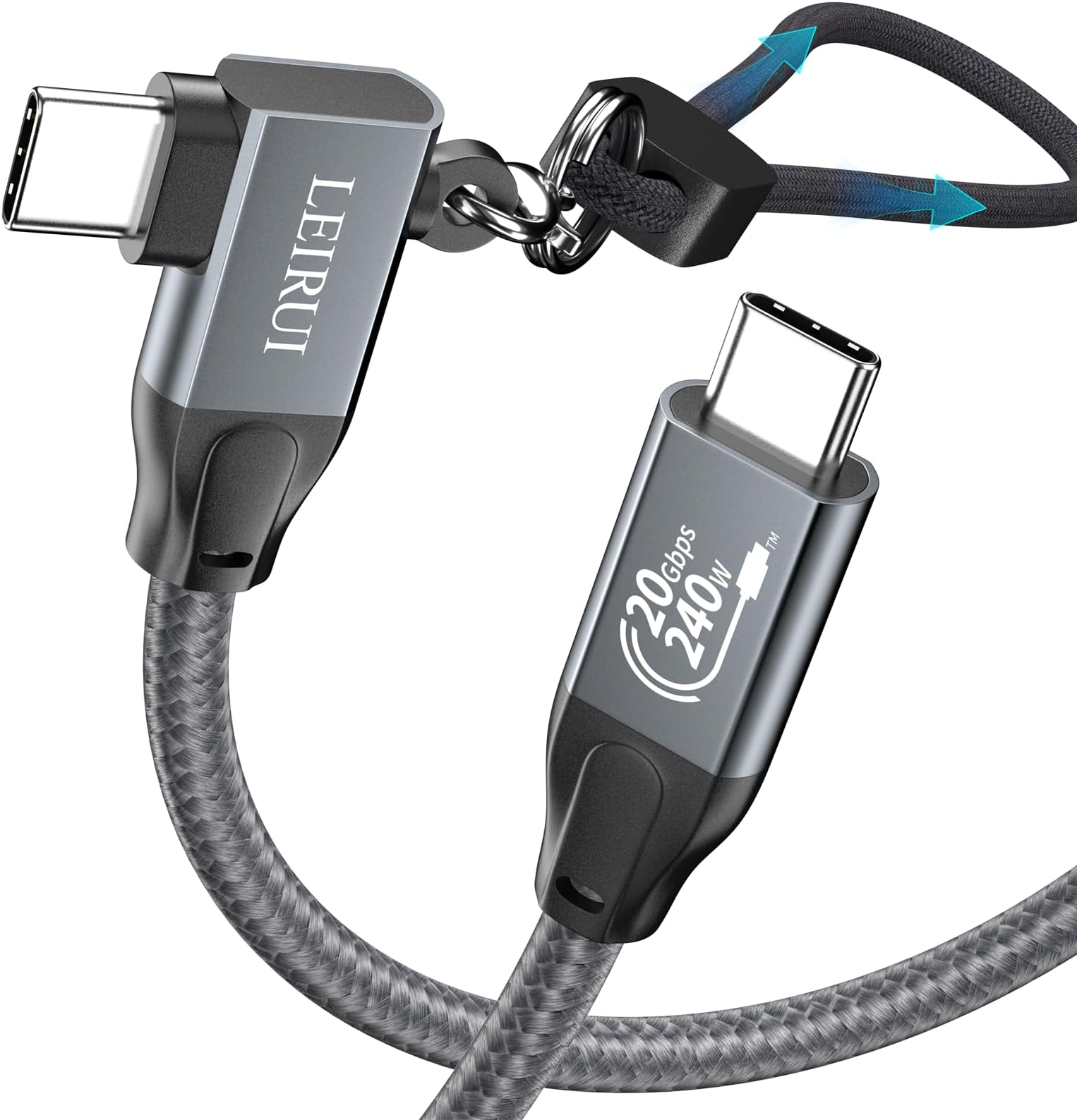 LEIRUI USB C Cable 90 Degree, 20Gbps USB C Data Transfer 4K@144Hz/60Hz Video USB 3.2 Gen2x2 USB-C Monitor Cable 240W PD High Speed Fast Charging for iPhone 15 Pro MacBook Pro iPad Pro, Braided