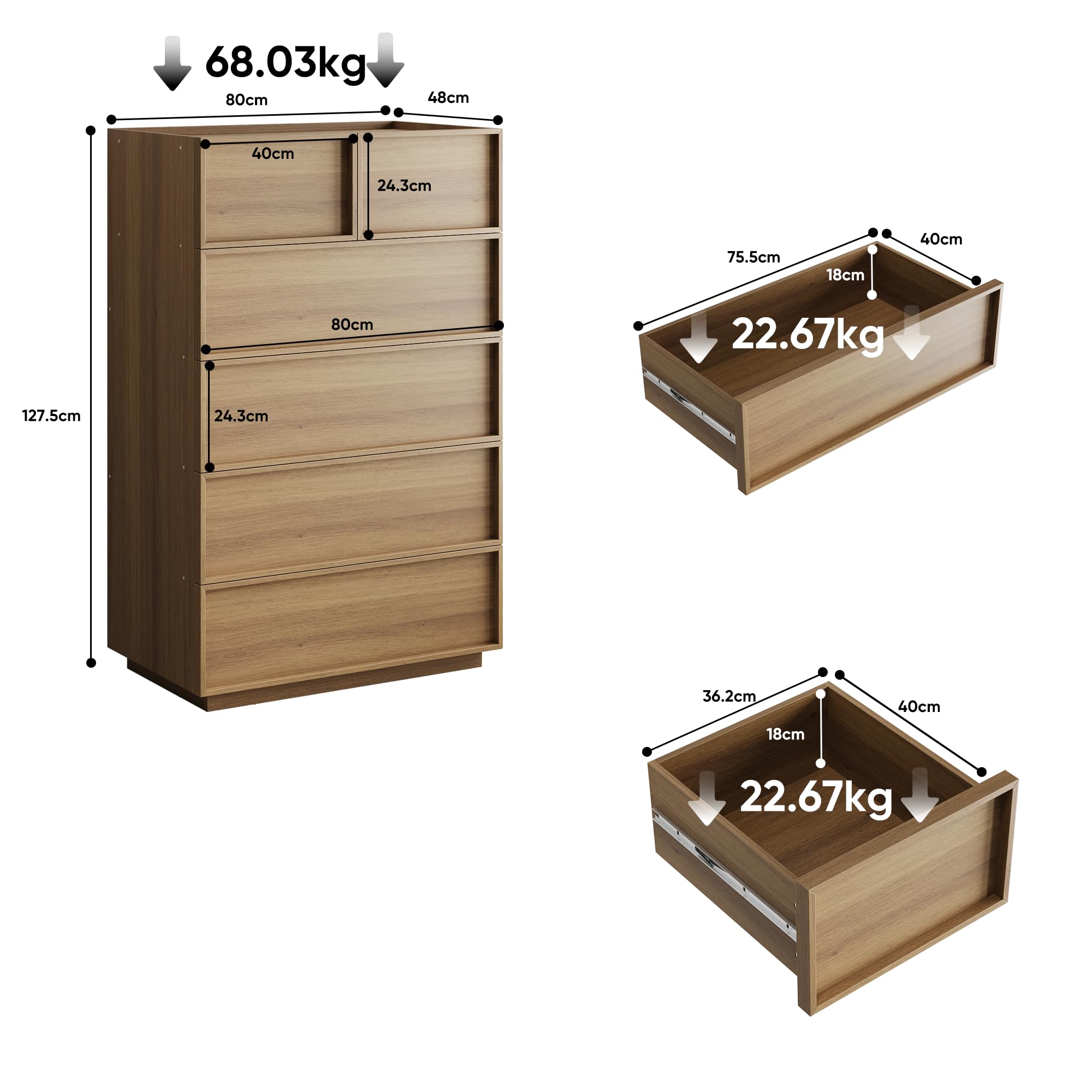 Azkoeesy Cassettiera Moderna con 6 Cassetti, Effetto Quercia, 80x48x127,5 cm, Mobile Organizzatore per Soggiorno e Camera da Letto (80 x 48 x 127 cm)