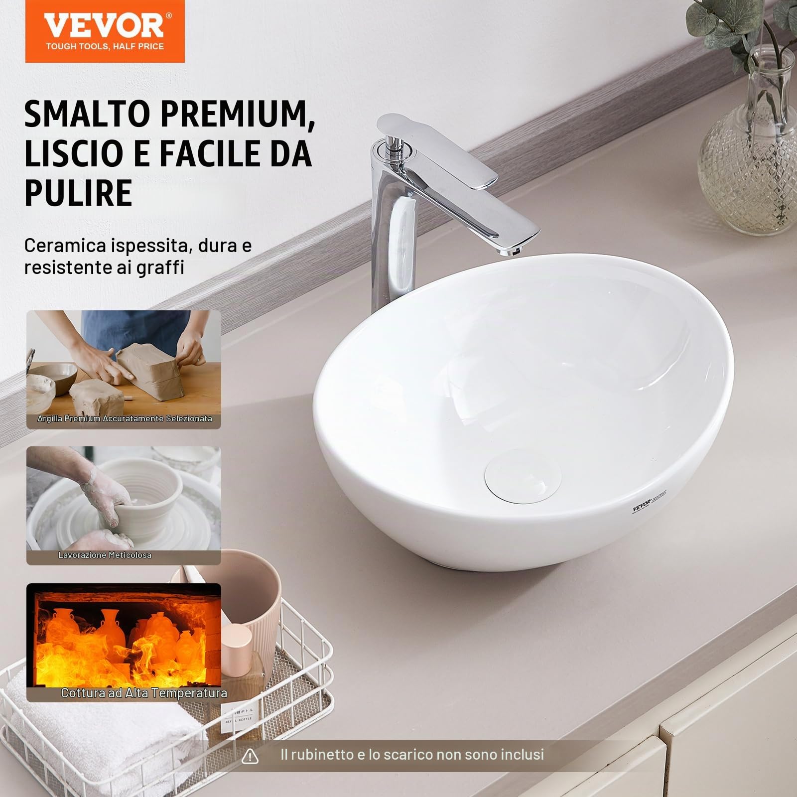 VEVOR Lavandino da Appoggio ovale, 40,9 x 34 cm per il Bagno, Lavabo da Appoggio in Ceramica Bianca Sopra il Piano, Stile Moderno, Luminoso ed Elegante, Lavandino per Bagno, Hotel, Toilette, Camper