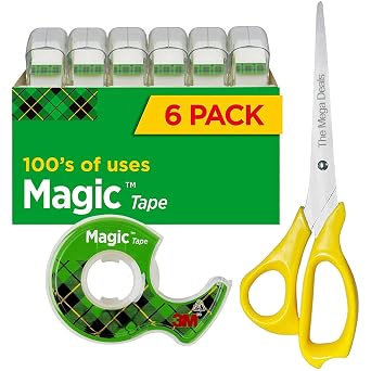 The Mega Deals Magic Tape 6 Packs Clear Tape, Magic Tape with Dispensers, Invisible Tape 34 x 300 Inches, and a 8 Inch All Purpose Scissors Gift Pack