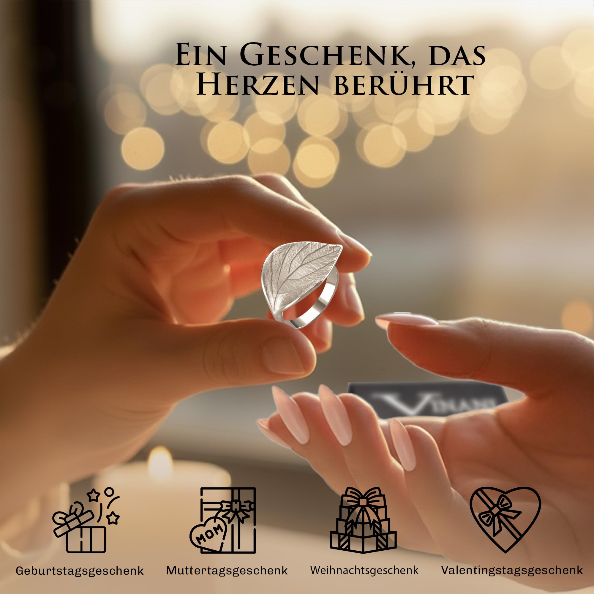 Vinani Damenring aus 925 Sterling Silber – Breiter Blatt-Ring, sandgestrahlt & glänzend, nickelfrei & antiallergisch, handgefertigter eleganter Silberschmuck, Geschenk für Frauen