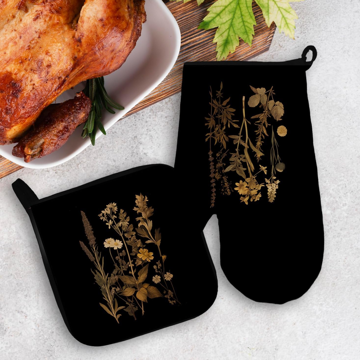 Vintage Floral Oven Mitts and Pot Holders Sets, Dark Academia Botanical Oven Mitts, Flower Over Mittens for Kitchen Decor, Floral Over Gloves Gifts