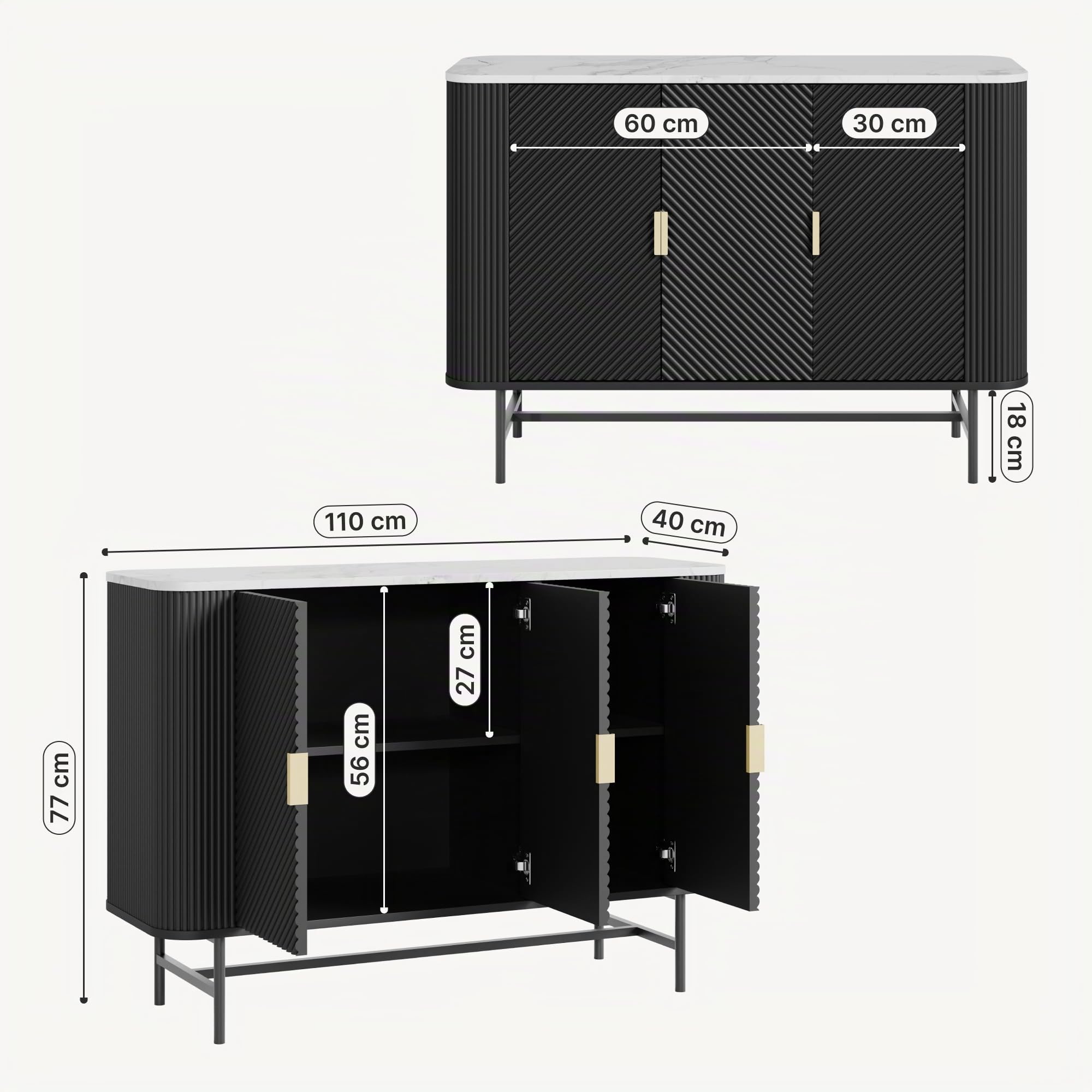 [en.casa] Mobile Contenitore a 3 Ante Credenza con 4 Scomparti e Pannelli Decorativi Madia Buffet con Ripiani per Soggiorno Sala da Pranzo Ingresso 110 x 40 x 77 cm - Nero/Effetto Marmo Bianco